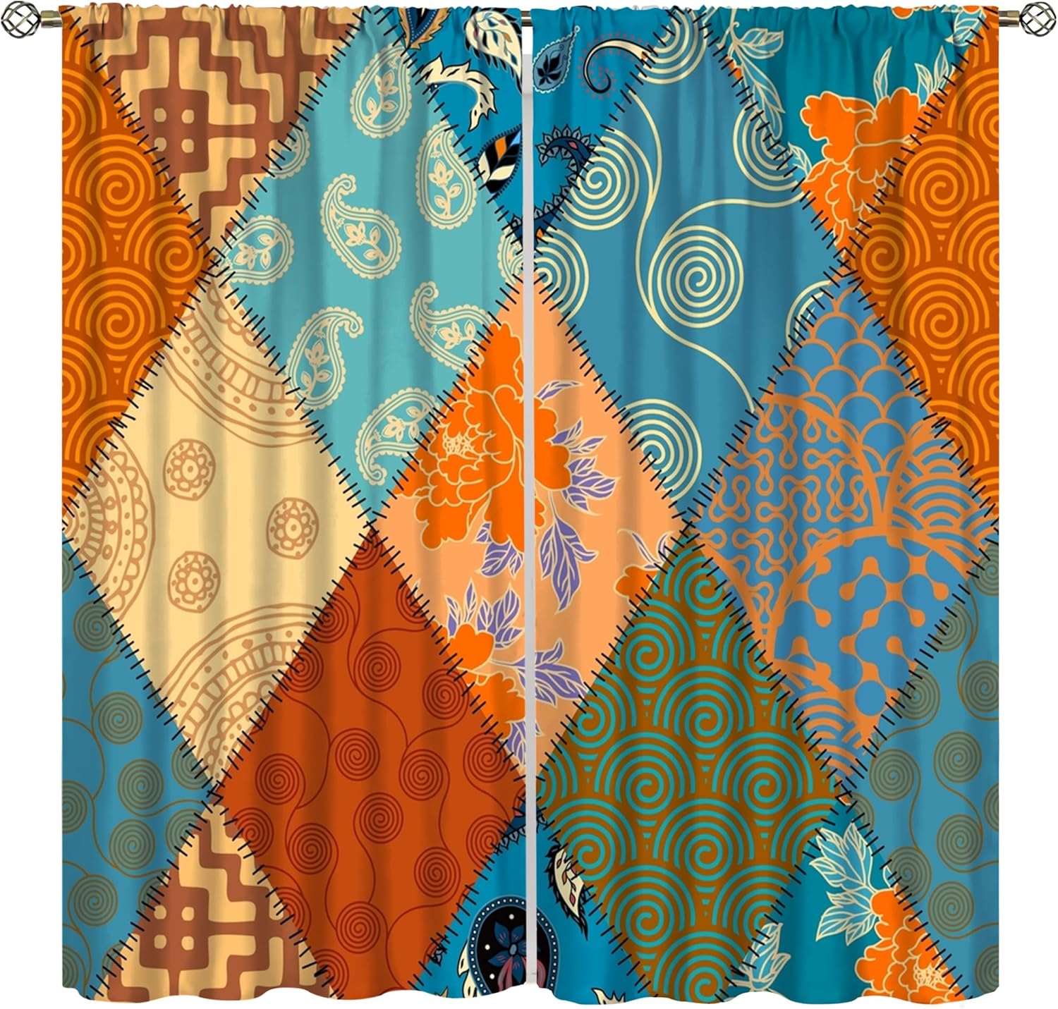 Patchwork Colorful Vintage Bohemian Curtains Aesthetic Colorful Retro Boho Rod Pocket Heat Insulation and Shading Window Curtain for Living Room Bedroom Decor 42x45 Inch, Style-5