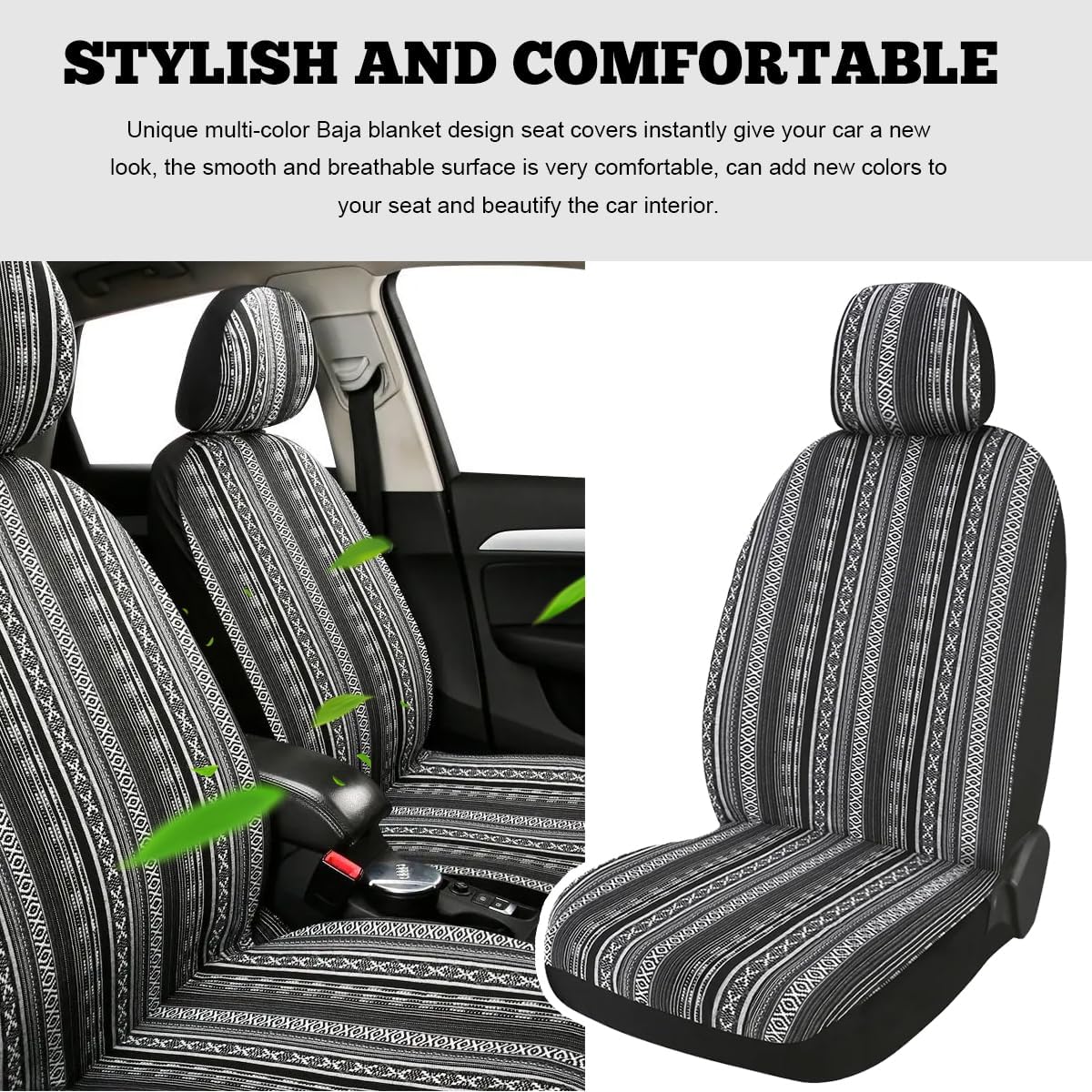 9PCS Baja Saddle Blanket Car Seat Covers, Front Set Breathable Washable Seat Covers with Seatbelt Pad, Striped Woven Cloth Airbag Compatible Seats Protector for Most Vehicles (Black White Thin)