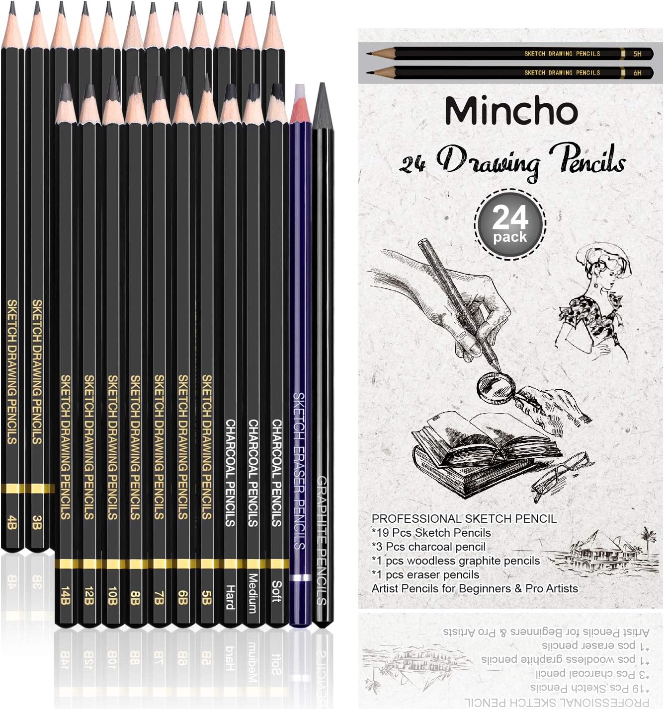 Mincho Professional Sketch Drawing Pencil Set - 24 Piece Artist Pencils Set Includes Graphite, Charcoal, Eraser Pencils (7H-14B), Ideal for Drawing Art, Sketching, Shading, for Beginners & Pro Artists : Arts, Crafts & Sewing