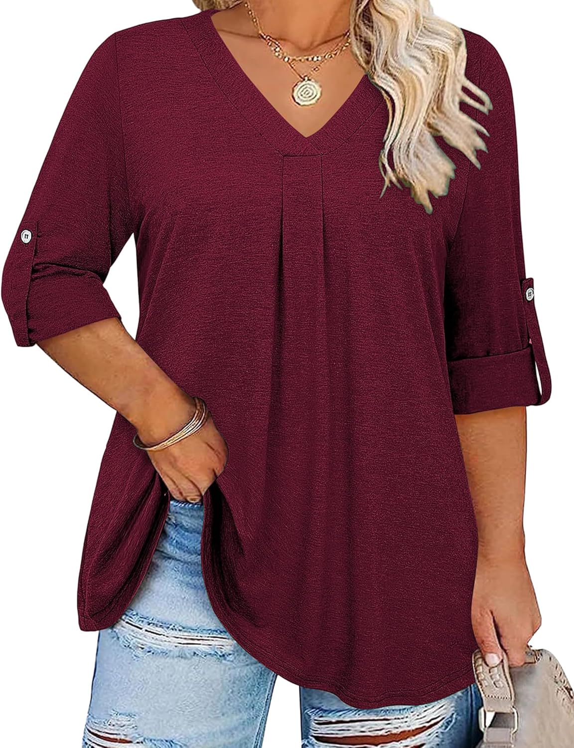 Kancystore Plus Size Tops for Women 3/4 Length Sleeve Shirts V Neck Tunic Blouses Spring Clothes