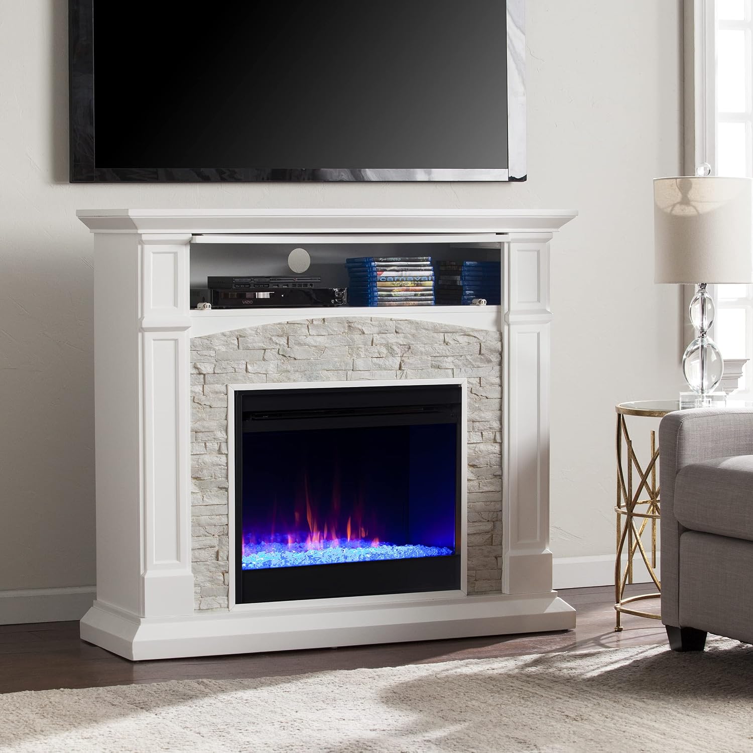 SEI Furniture - Seneca Color Changing Media Fireplace - Transitional Design, White Glass and Wood - Ideal for Living Room, Family Room (FC9362)