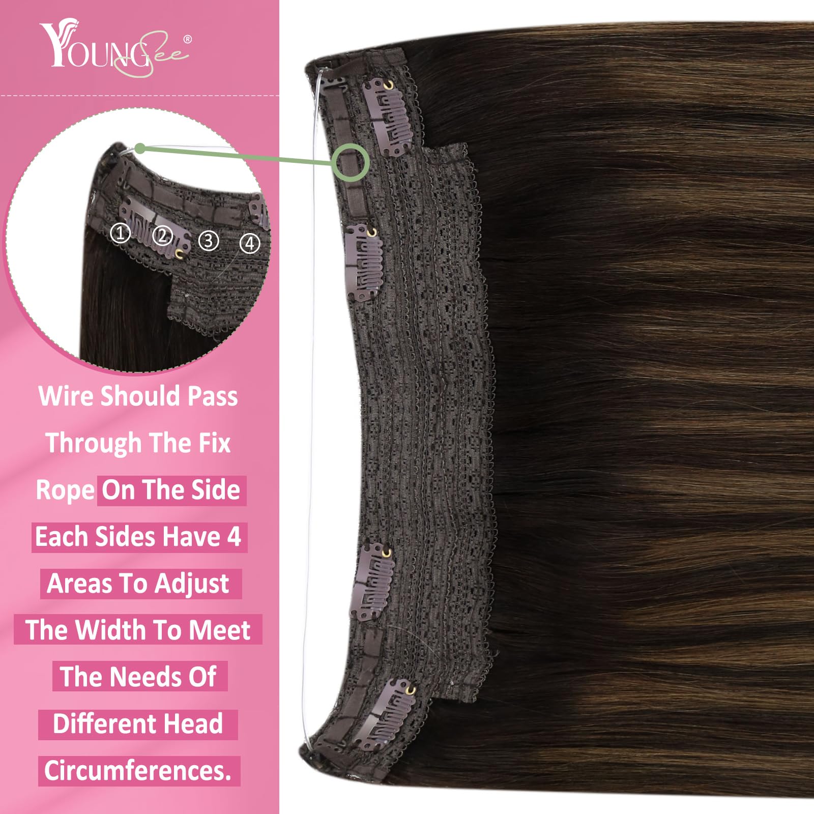 YoungSee Wire Hair Extensions Brown Balayage Invisible Wire Hair Extensions Real Human Hair Dark Brown Mix Medium Brown One Pice Hair Extensions Short Straight Hair 70G 12Inch — view 4