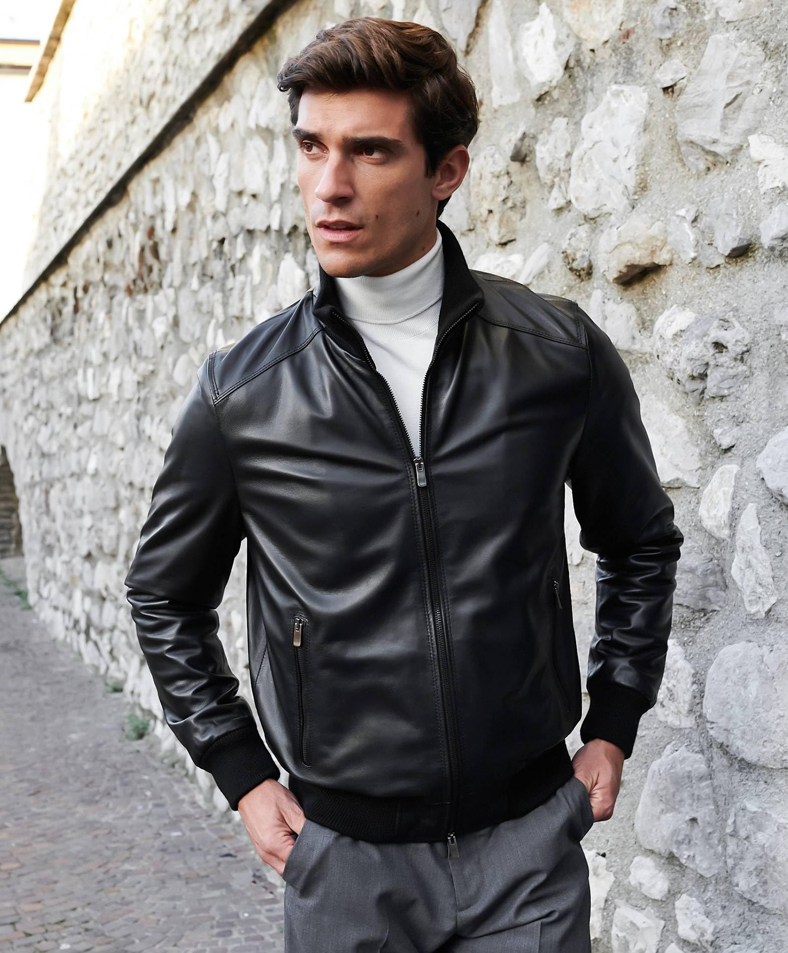 D'Arienzo Bomber in Pelle Nera Uomo Giubbotto Giubbino Vera Pelle Made in Italy 107