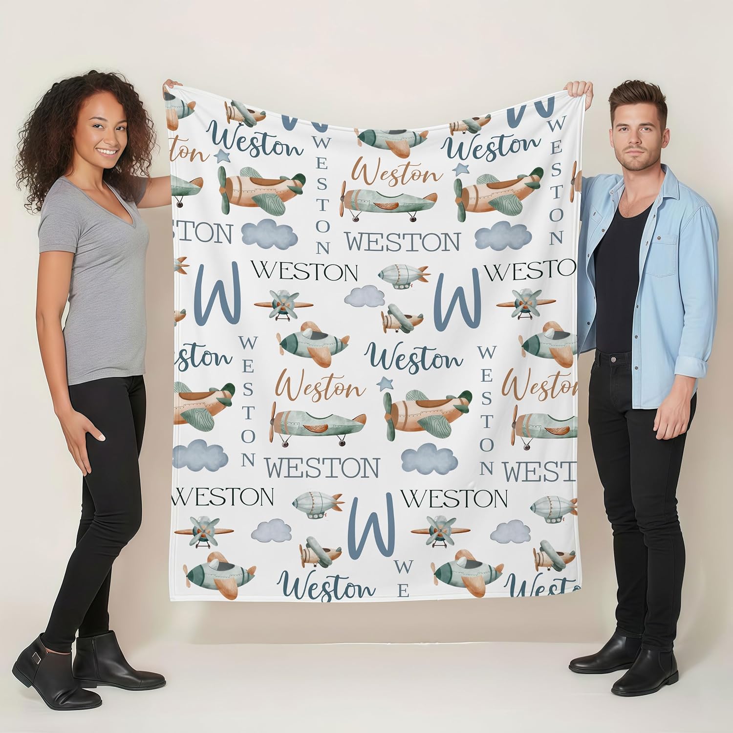 Personalized Airplane Baby Blanket with Name, A Little Pilot Nursery Blanket for Boys, Soft Plush Custom Blankets, Newborn Kids 30x40