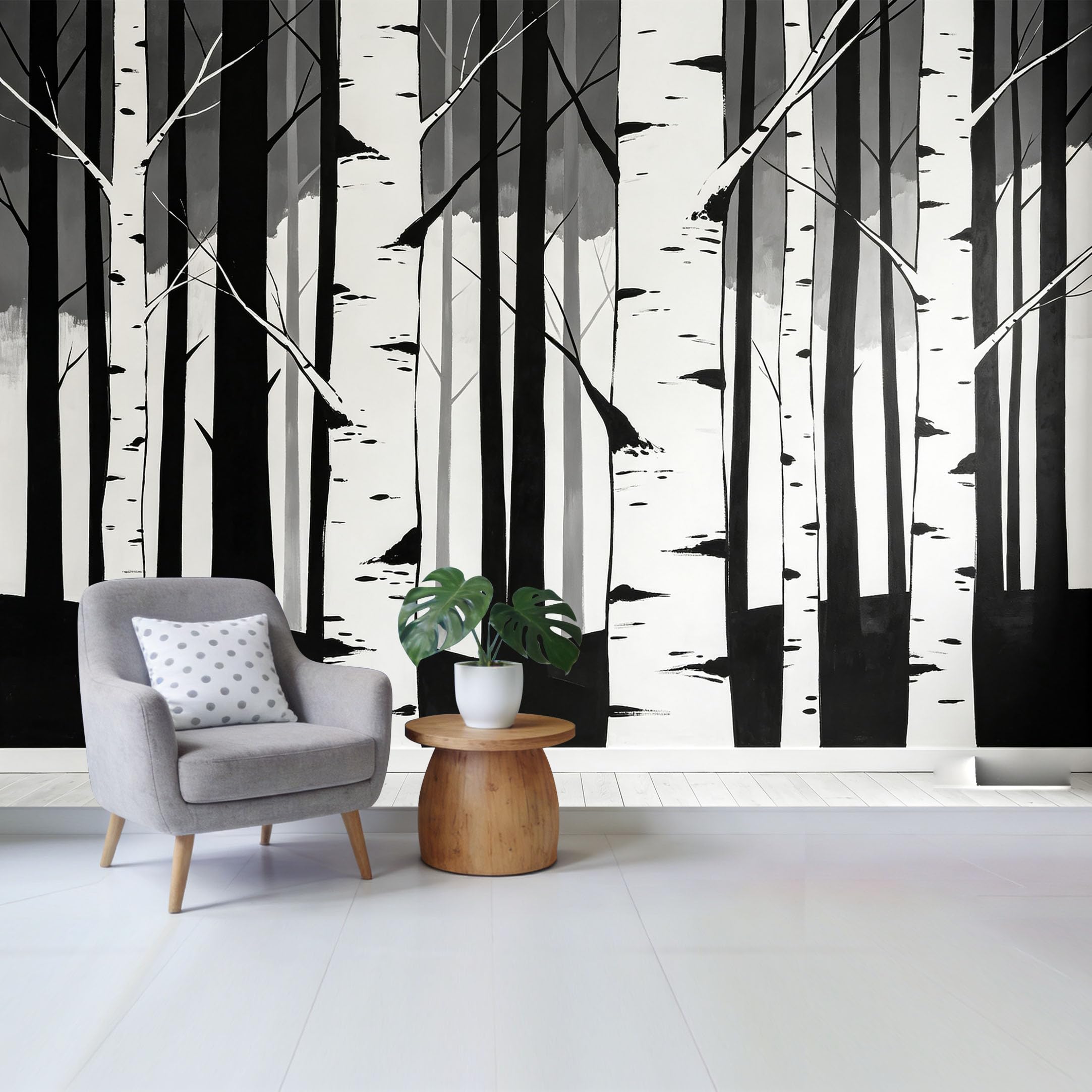 Qzlithotic Yq2605250221 Custom Size Wall Mural Black And White Birch Forest Tree Landscape Modern Minimalist Art Selfadhesive Wall Fabric Removable Wallpaper For Home Office Decor