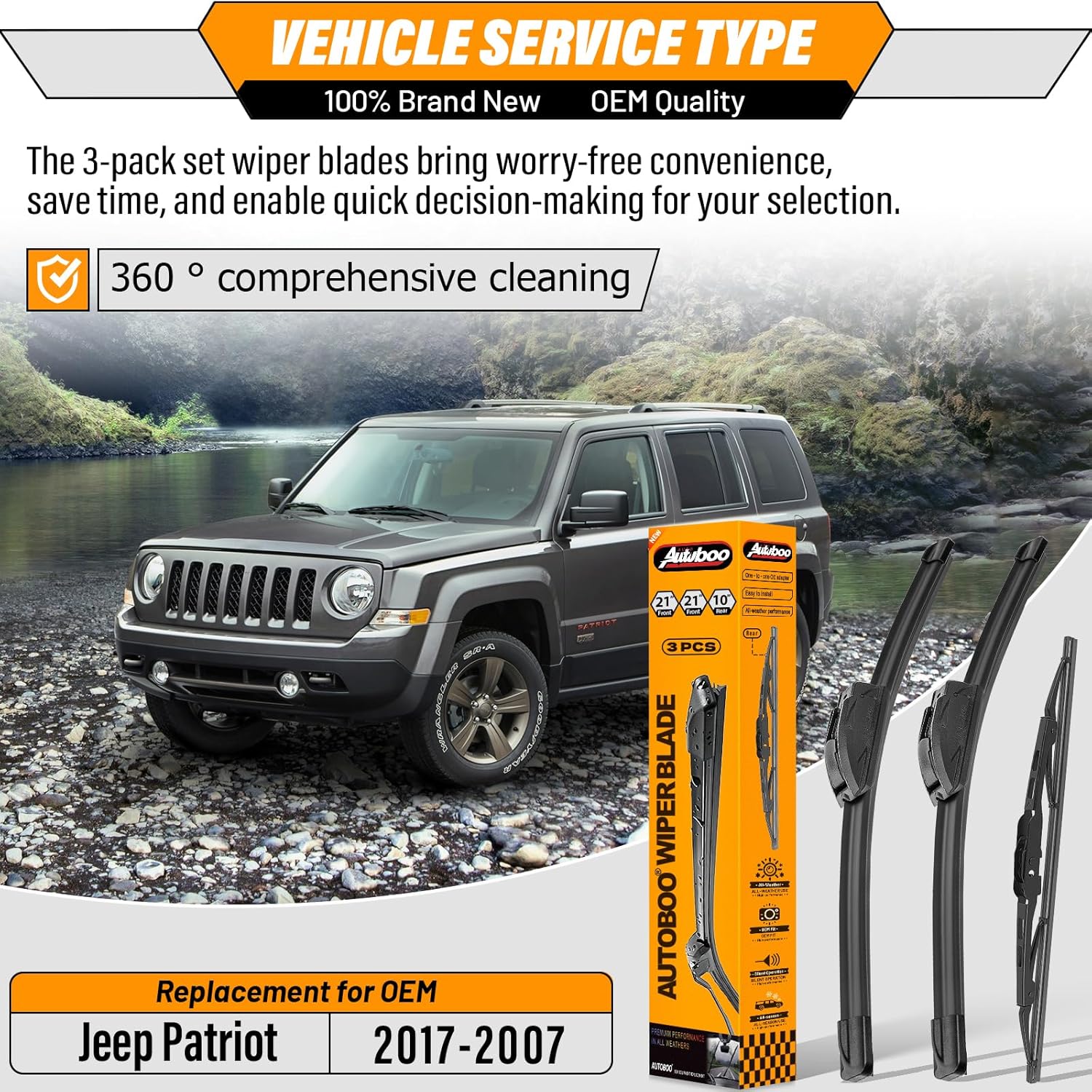 AUTOBOO 21"+21" Windshield Wipers with 10" Rear Wiper Blade Replacement for Jeep Patriot 2007 2008 2009 2010 2011 2012 2013 2014 2015 2016 2017 -Original Factory Quality (Pack of 3)