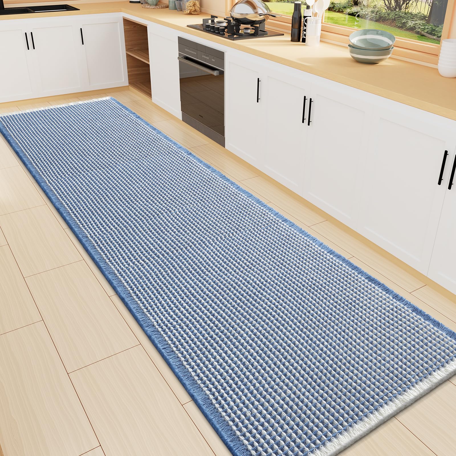 Smiry Waffle Bath Mat 72X16, Soft Absorbent Bathroom Rugs, Blue &amp; Cream