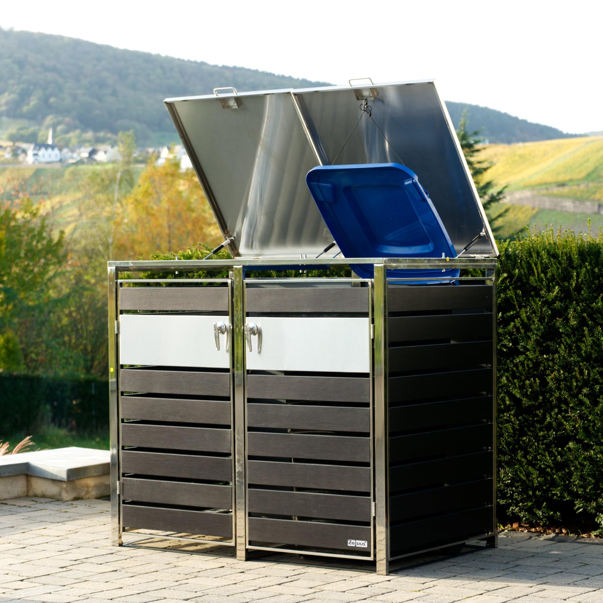 Zelsius Mülltonnenbox 2er Mülltonnen | (B) 132 x (T) 80 x (H) 117 cm | Anthrazit | inkl. Erweiterungsmöglichkeit | Mülltonnenverkleidung, Garten Müllbox, Müllhaus, 2 Tonnen