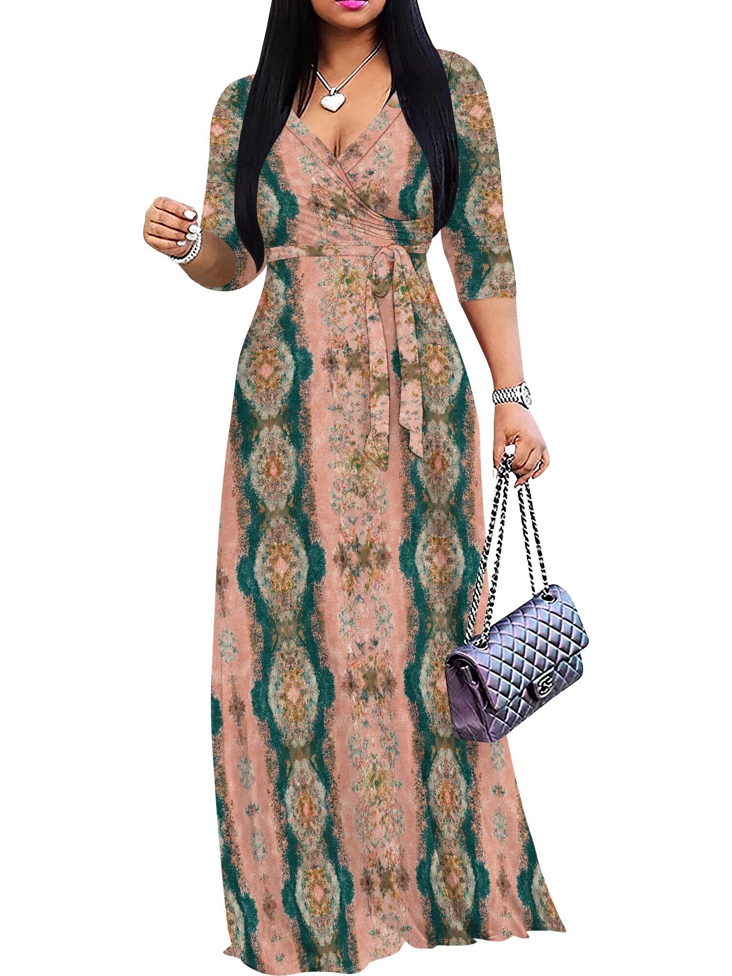 PinkPatty Women's Plus Size V Neck 3/4 Sleeve Boho Maxi Dress with Pockets | Boho printed maxi dress with pockets and tie waist for travel, vacations, weddings, church, parties, and daily wear