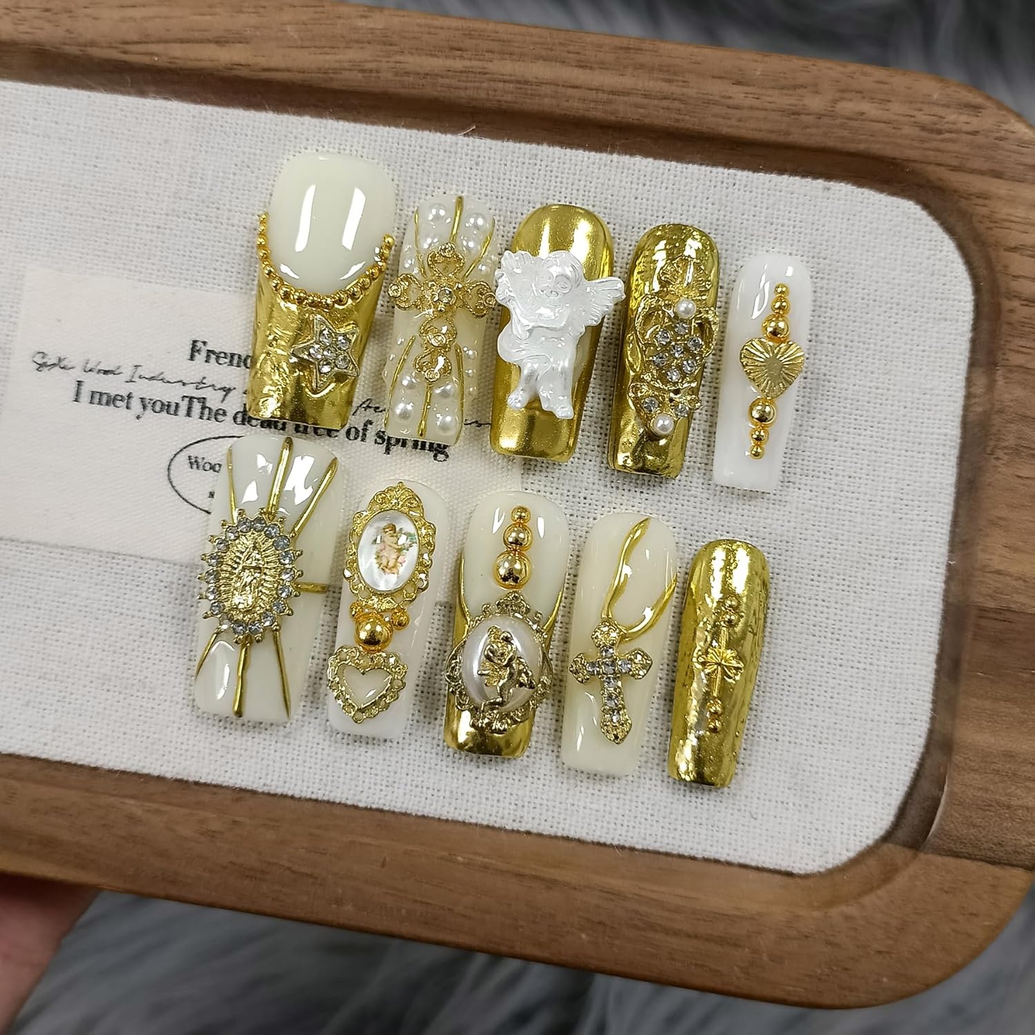 Baroque Press on Nails Long Coffin 3D Embossed Pearl Cross Charm Luxury False Nails for Women Gold Glam Royal Cathedral Style Glue on Nails for Parties Holiday Events(L)