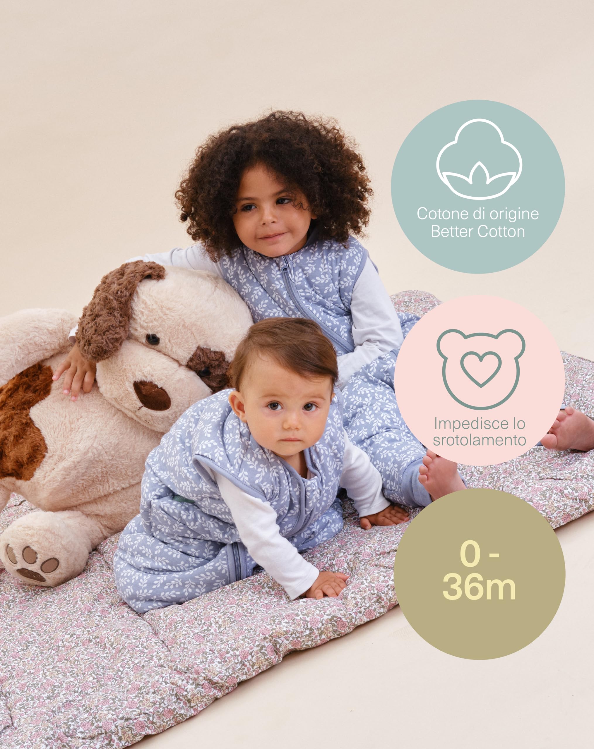 molis&co - Sacco Nanna - Sacco nanna invernale per Neonati e Bambini - Sacchi Nanna 2.5 tog - 100% Cotone (Oeko-TEX 100) - Blue Garden (6 a 18 mesi)