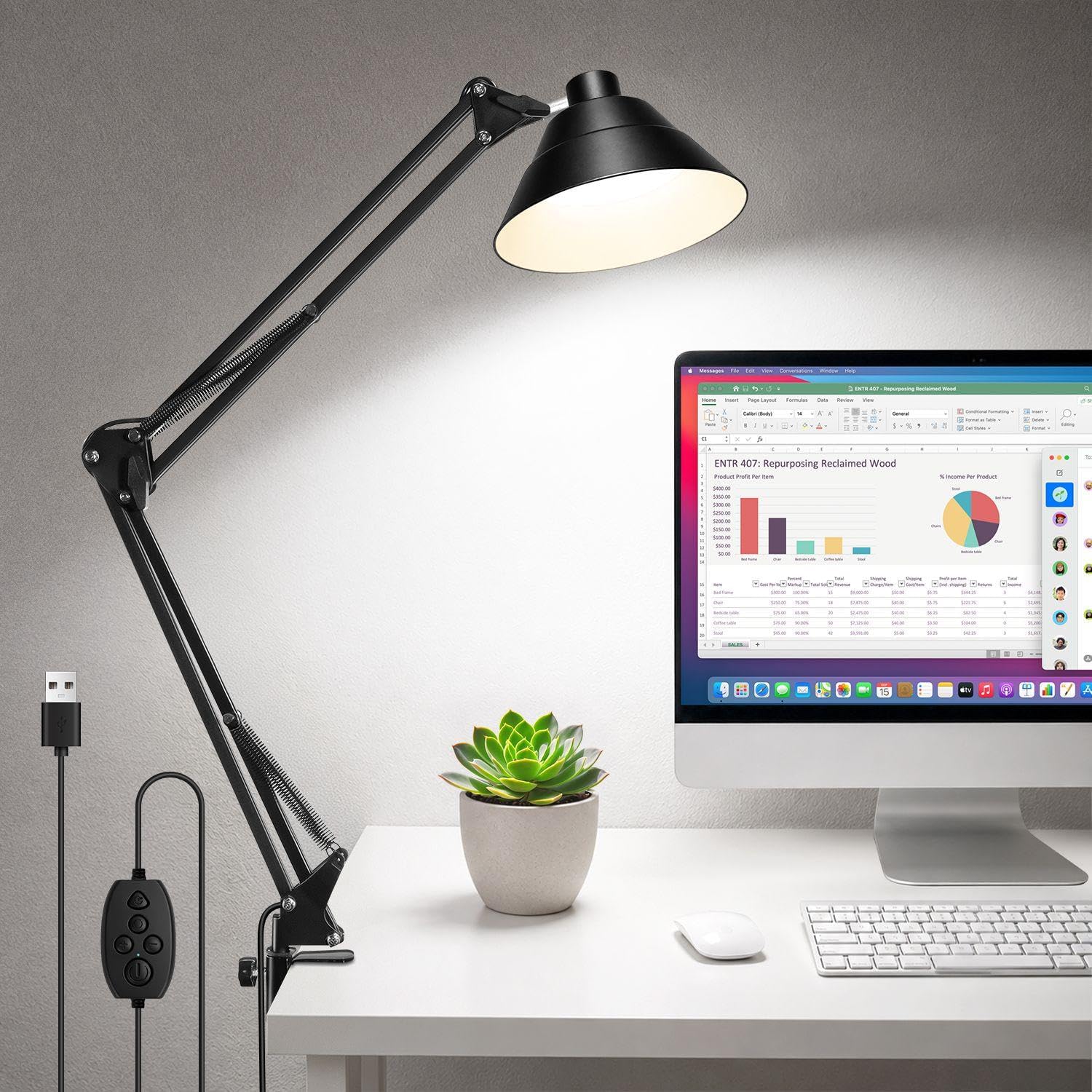 Led Desk Lamp for Home Office - Adjustable Swing Arm Desk Lamp with Clamp