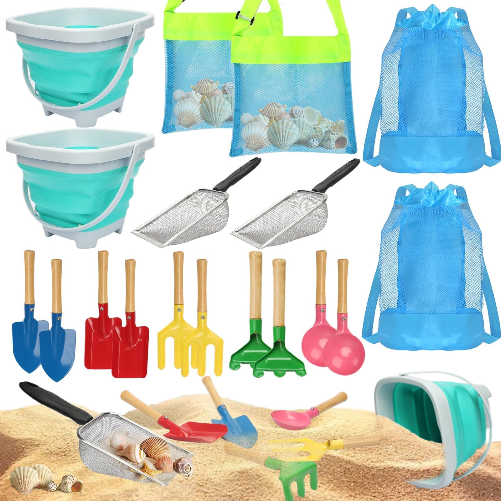 Mototo 18-teiliges Strand-Sandsieb-Spielzeug-Set, Haifischzahnsieb, Strand-Mesh-Schaufel mit Muscheltaschen, zusammenklappbarer Strandeimer für Muscheln, Sammeln von Haifischzähnen, Spielspielzeug