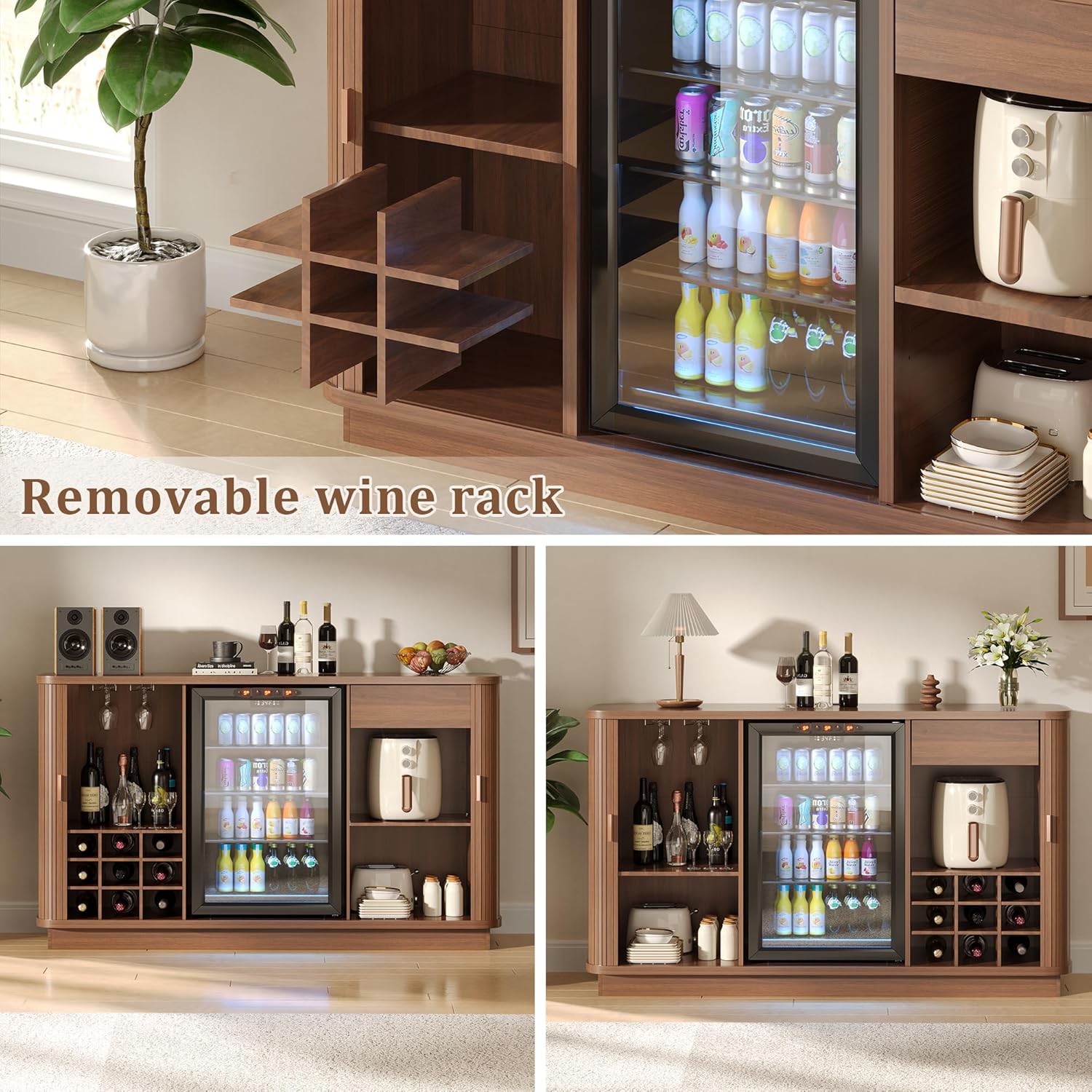 Coffee Bar Cabinet with Fridge Space, Liquor Wine Bar Cabinets with Wine Rack and Glass Holder, Mini Fridge Cabinet with Storage, Fluted Buffet Sideboard for Living Room, Home, Kitchen