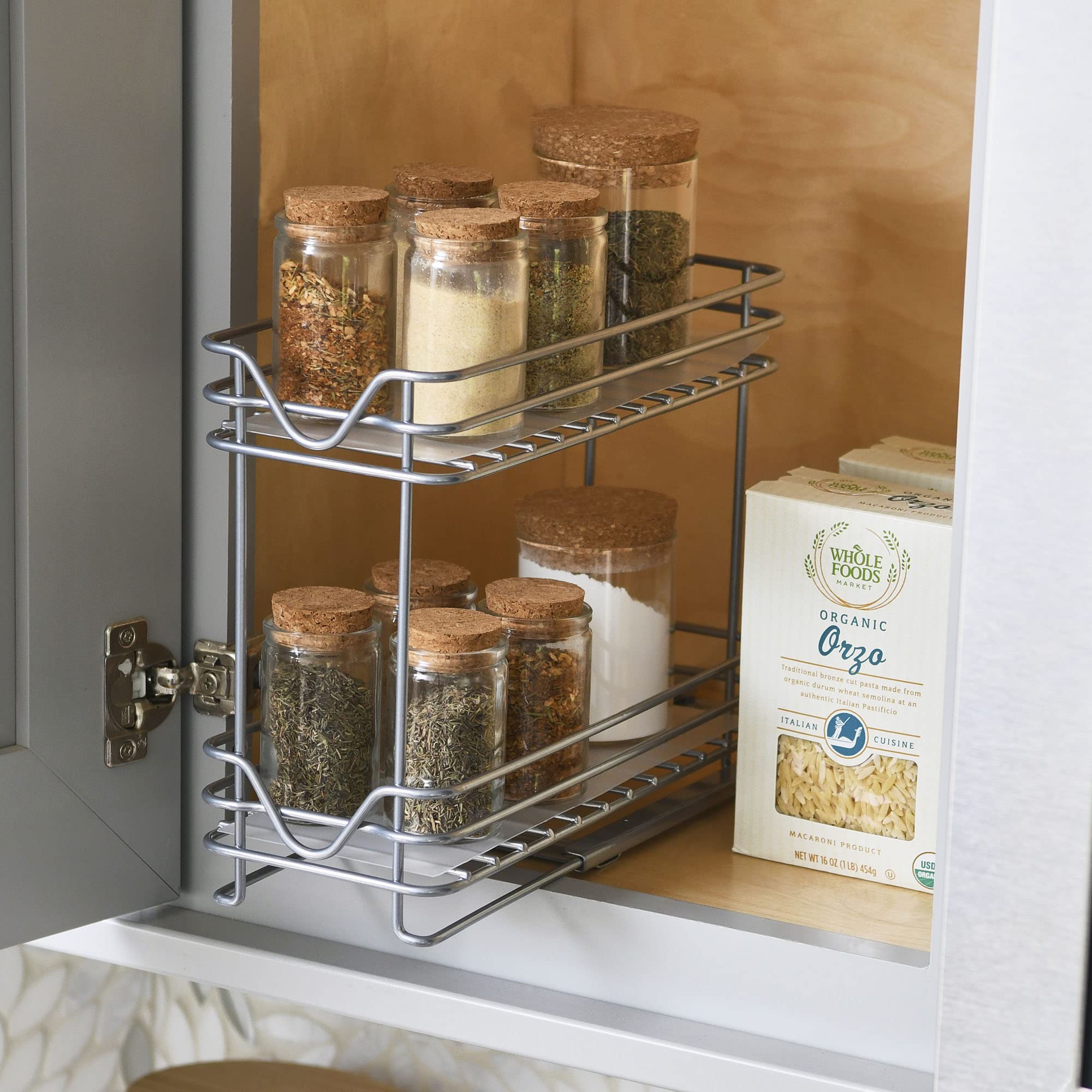 Household Essentials Glidez - Organizador de almacenamiento extraíble de acero con acabado de pintura con forros de plástico para uso en especieros, diseño de 2 niveles, se adapta a armarios o