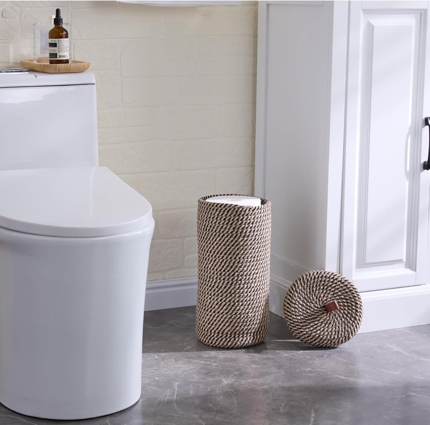 Toilet Paper Holder, Boho Decor Toilet Paper Storage Stand for Bathroom,Cotton Handmade Woven Paper Basket for Mega Roll,3 Rolls of Toilet Tissue Storage (Black) - Image 6