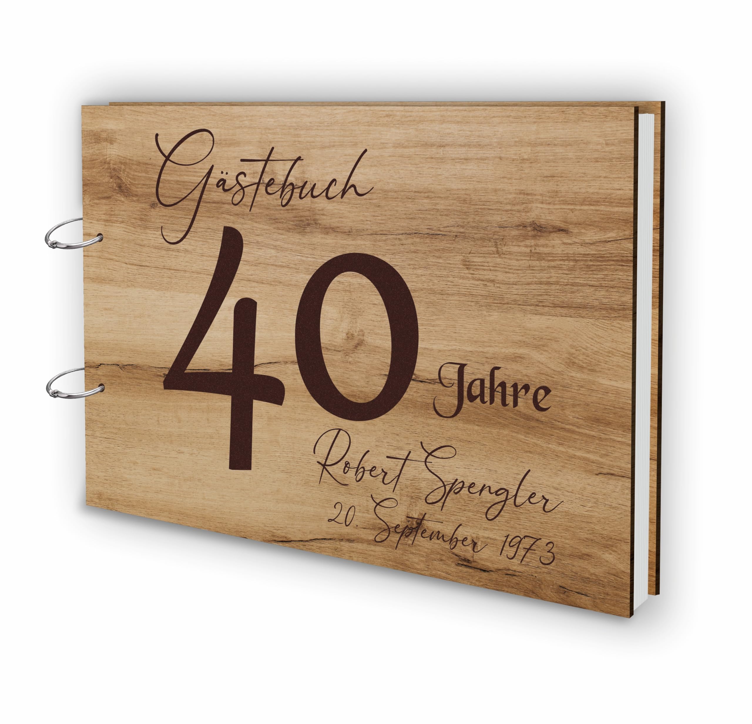 Manschin-Laserdesign Holz Gästebuch Runder Geburtstag Echtholz mit individueller Lasergravur | 50 Blätter (100 Seiten) | DIN A4 | 50 Jahre - EIN halbes Jahrhundert (40 Jahre, Eiche Natural)
