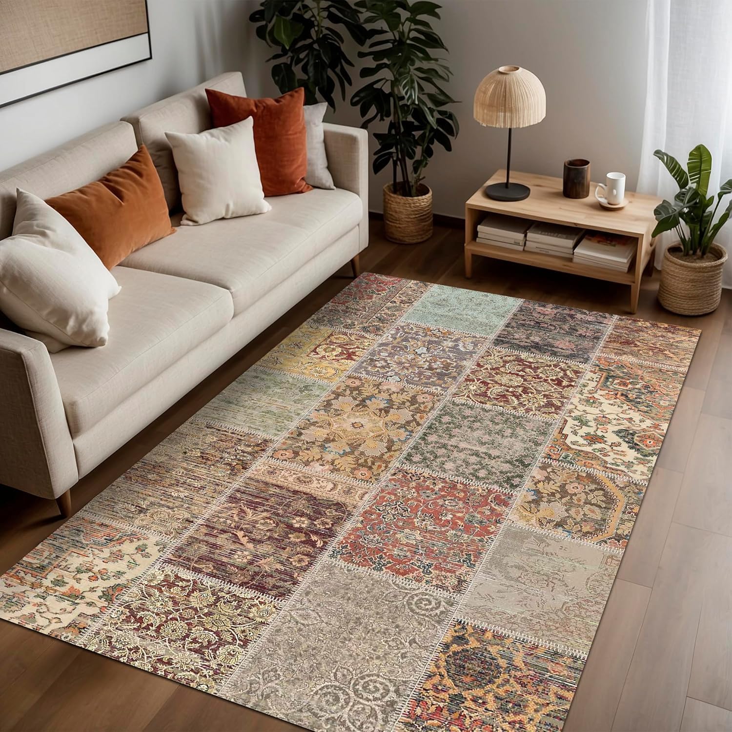 Latte Dizayn Nadine Patchwork Desenli Şönil Pamuk Tabanlı Yıkanabilir Kaymaz Antibakteriyel Salon Halısı 80x300