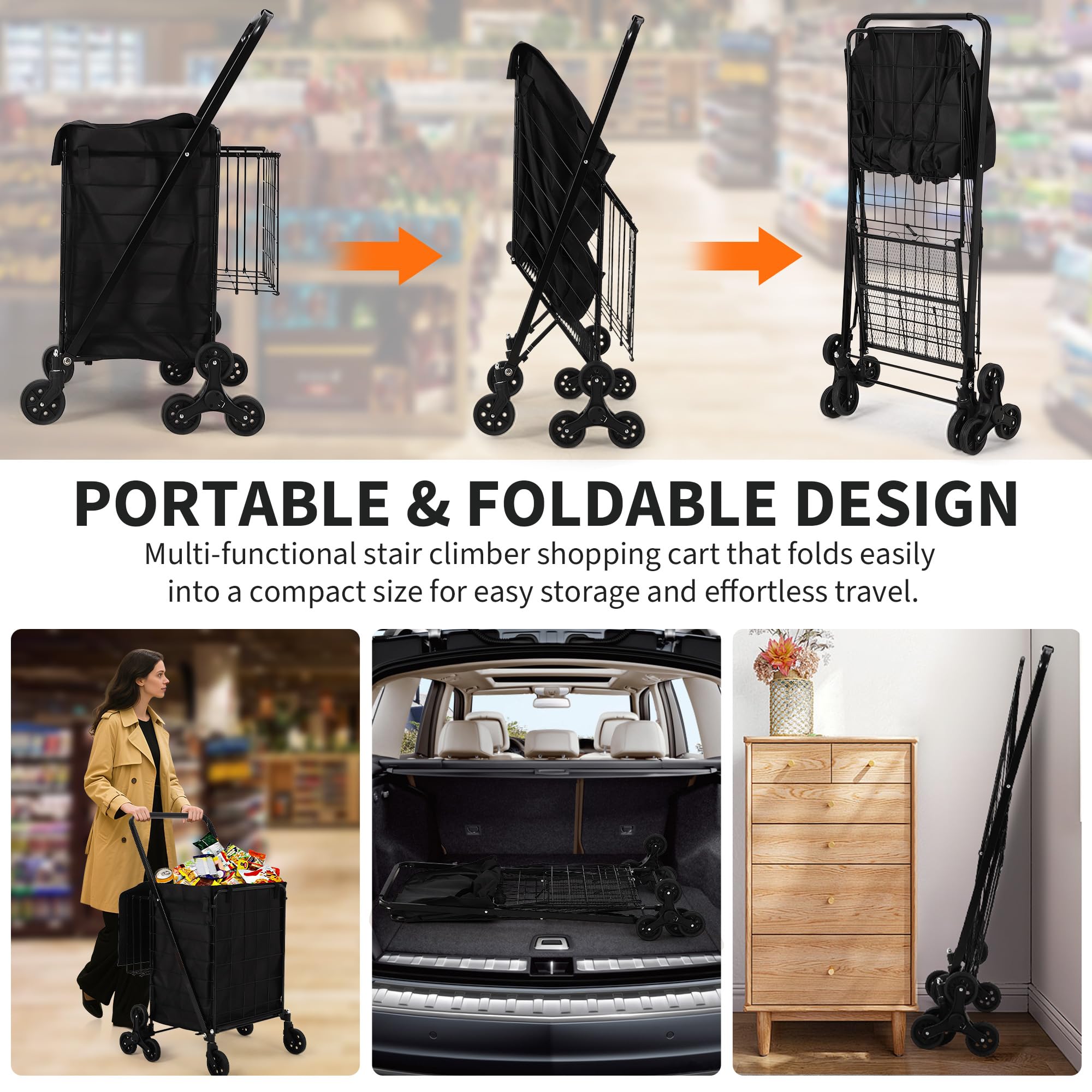 Carrello della spesa, carrello della spesa per salire le scale rivestimento impermeabile e ruote girevoli a 360°, carrello della spesa pieghevole portatile lavanderia, bagagli, campeggio