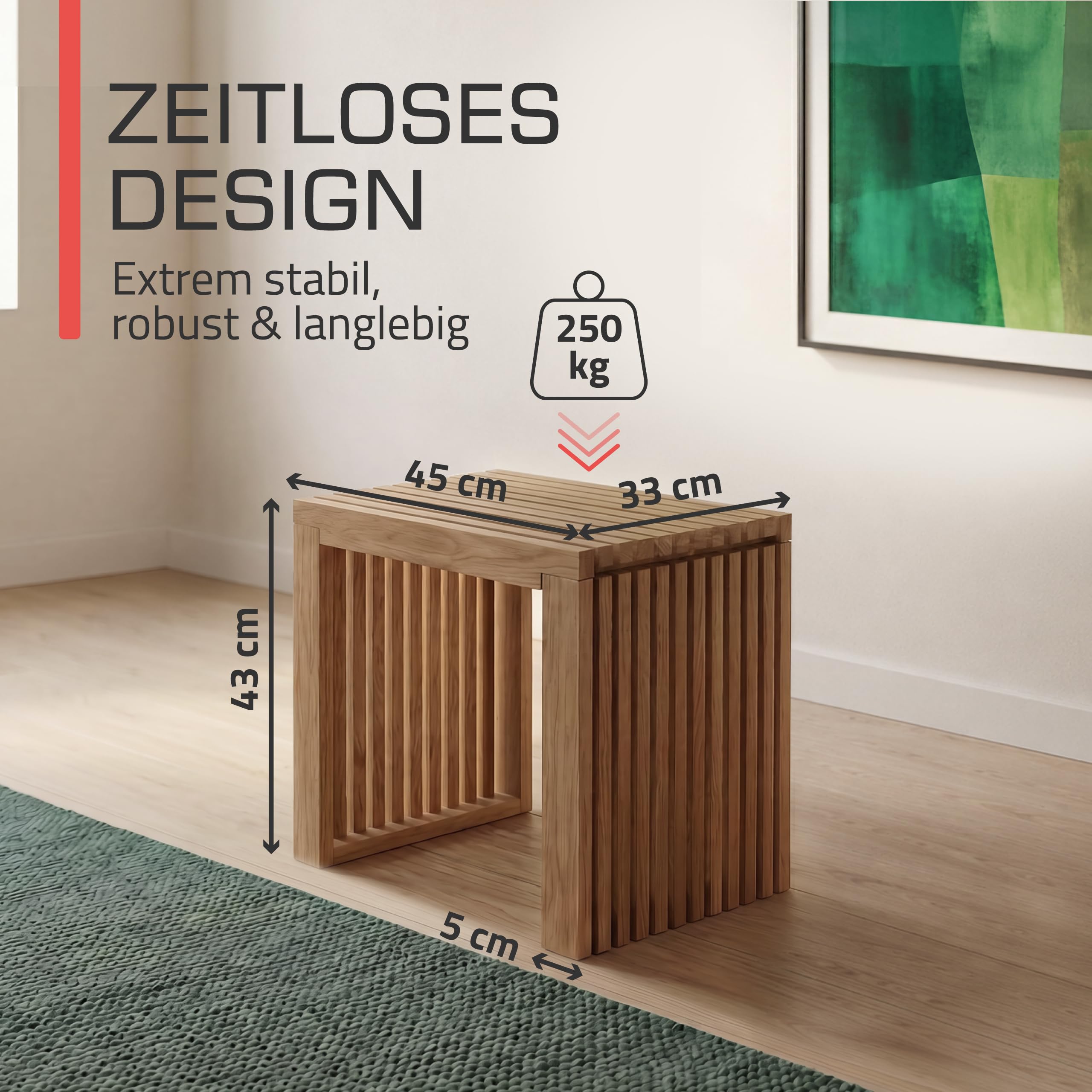 bomoe Lamellen-Hocker Holz FSC® Eichenholz für Küche und Badezimmer stabil | 45x33x43cm massiver langlebiger Sitzhocker Flur Garderobenhocker Schuhhocker Hocker Badhocker Sitzbank Eichberg