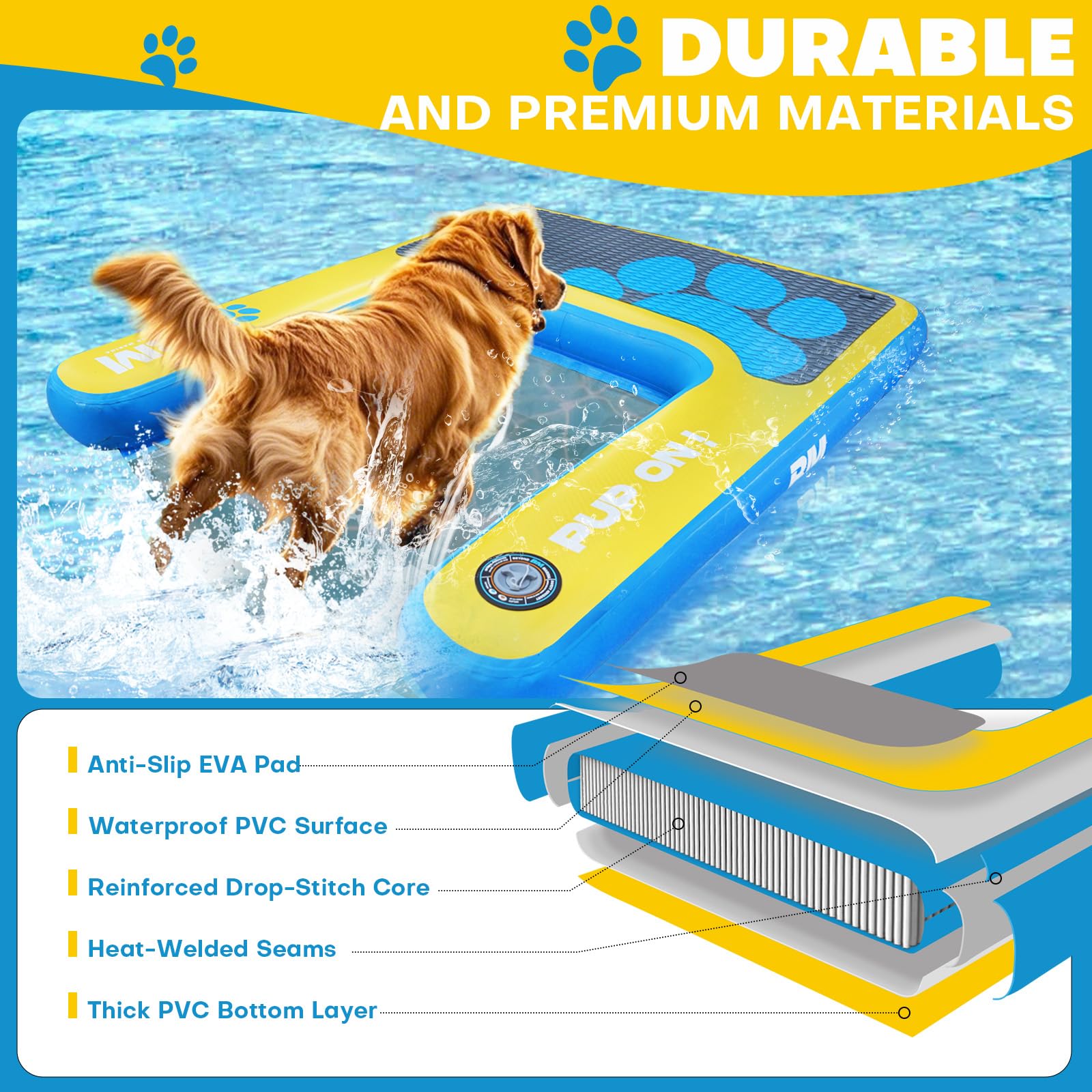 Beyond Marina Rampa de piscina para perros, rampa inflable para agua y barco para lago, escalera flotante de muelle de pontón con EVA antideslizante, estándar PUP ON, extragrande 59 x 47 x 6 pulgadas