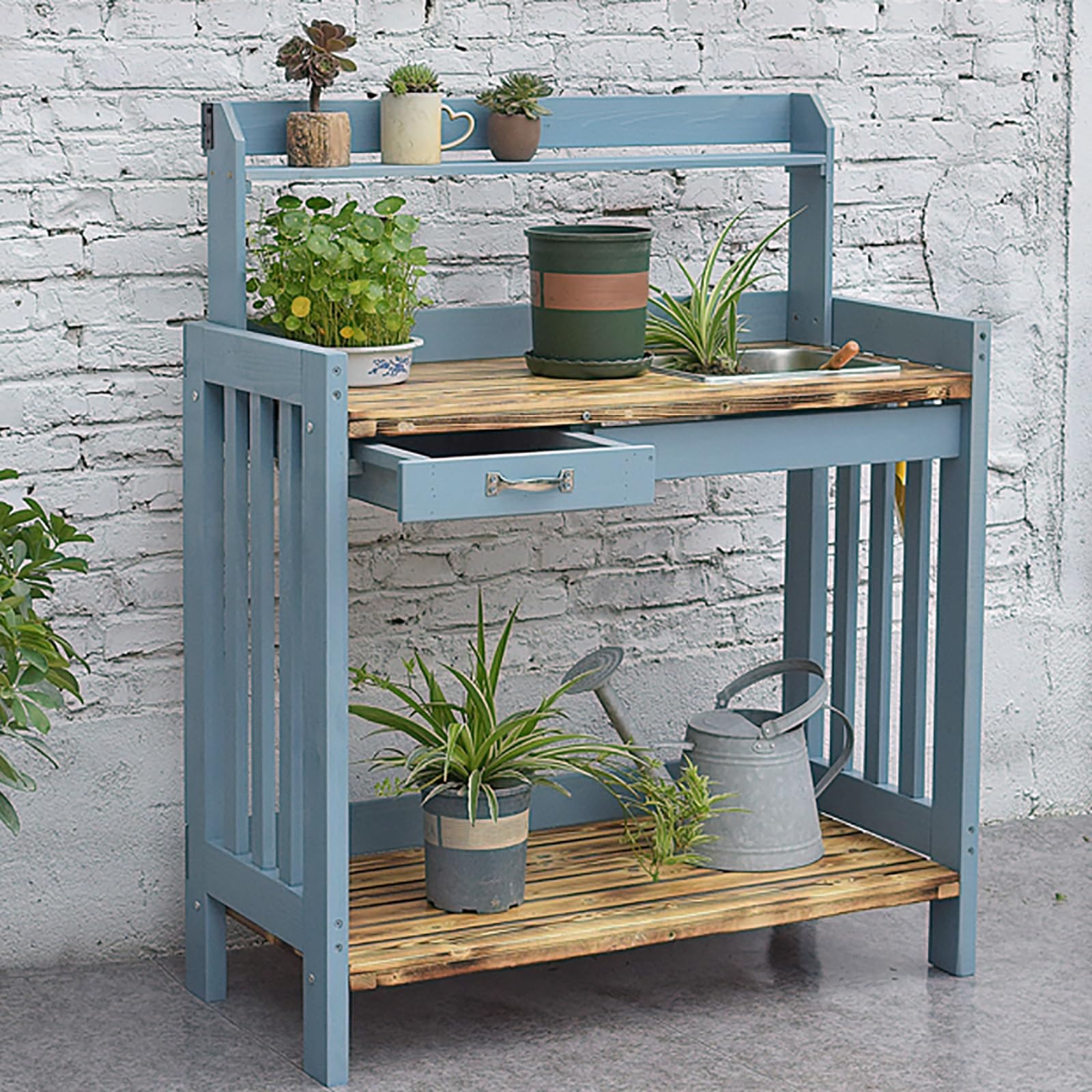Table de jardin d'extérieur en pin pour jardiner sans mal de dos avec évier