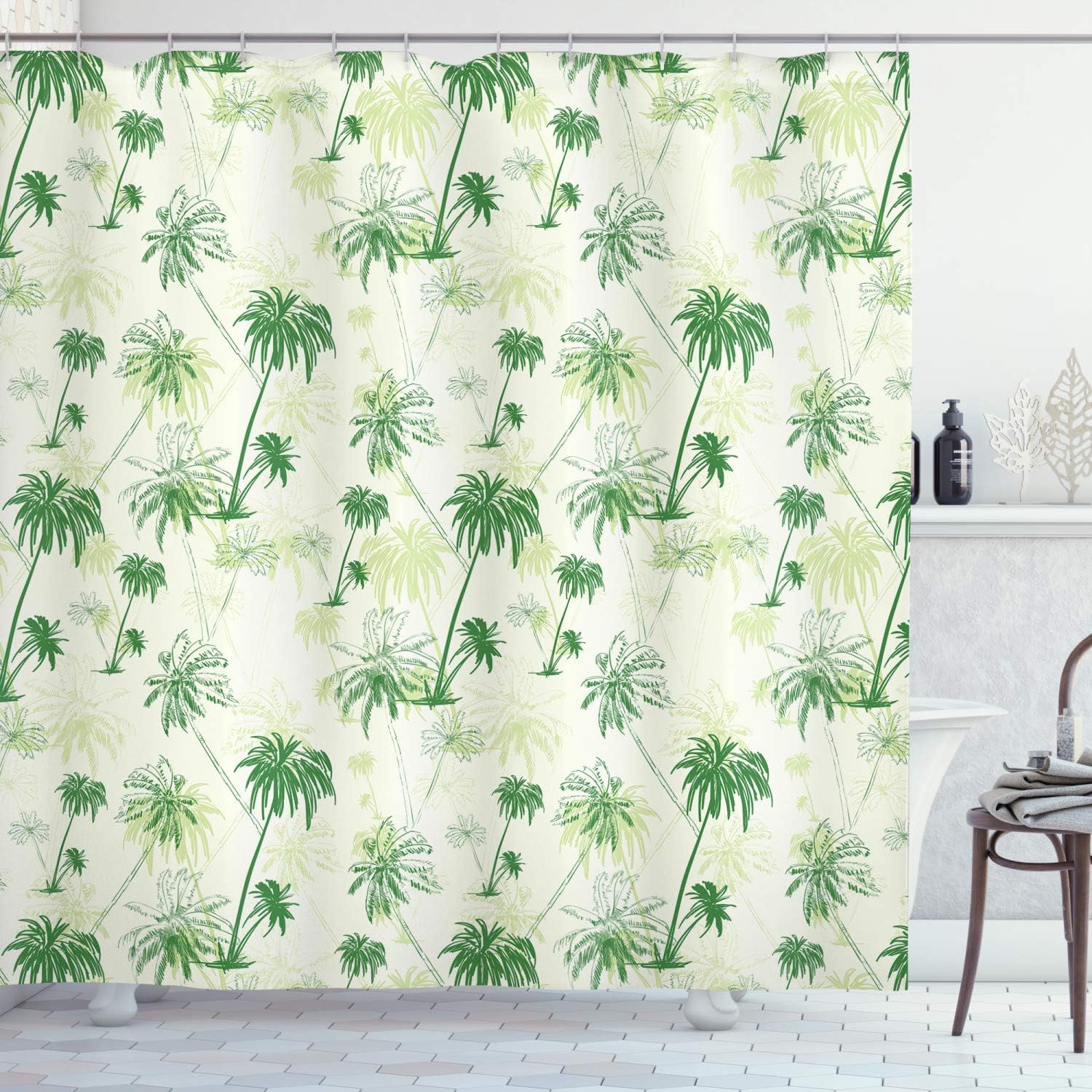 Ambesonne Hawaii Shower Curtain, Sketch Palm Tree North Pacific Ocean Foliage Abstract Monochrome, Cloth Fabric Bathroom Decor Set with Hooks, 69" W x 84" L, Forest Green Pale Green