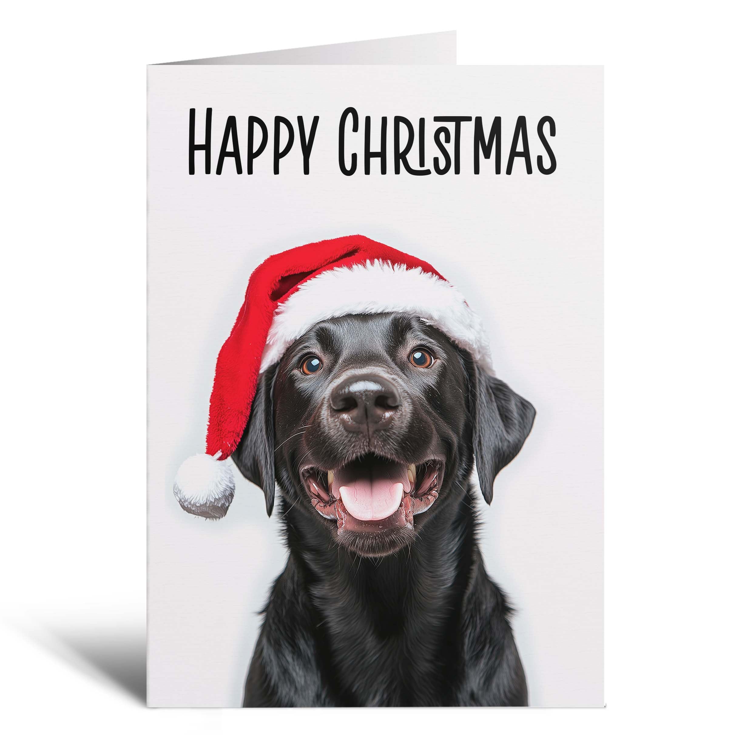 Postcard Prints - Fun Christmas Card of a Black Labrador Dog Wearing A Santa Hat Whimsical Christmas Card For Animal Lover For Him or Her - 4 Cards — image 1