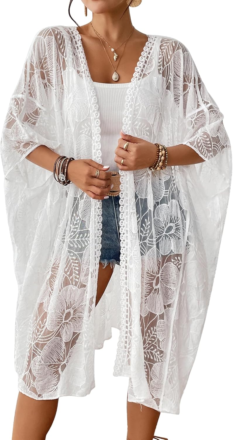 Bsubseach Lace Kimonos for Women 2025 Swim Cover Up Summer Beach Coverup Open Front Sheer Kimono Cardigan