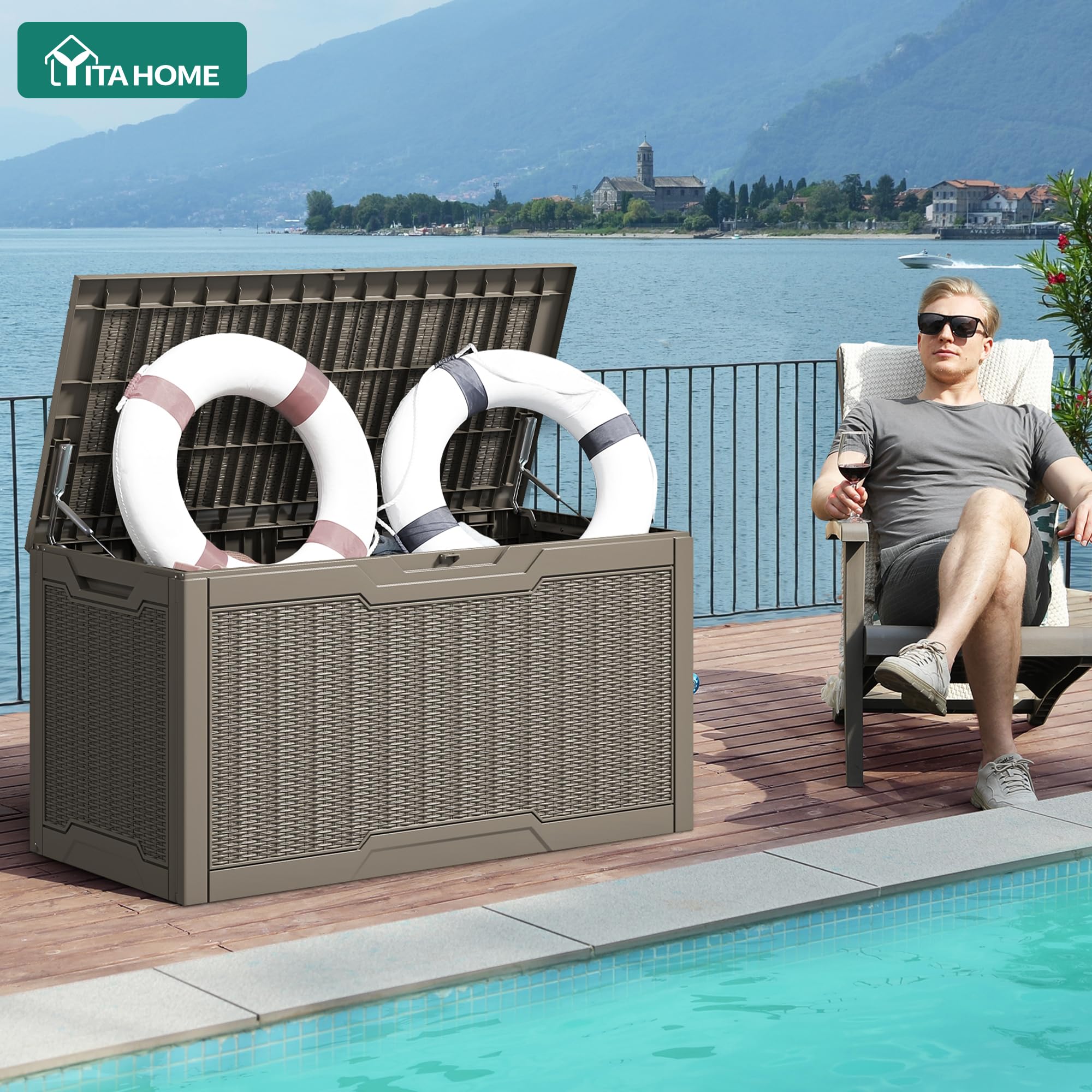 YITAHOME 380L Grande Caja de Almacenaje de Jardín, Resina Arcón de Ordenación Exterior para Muebles de Patio