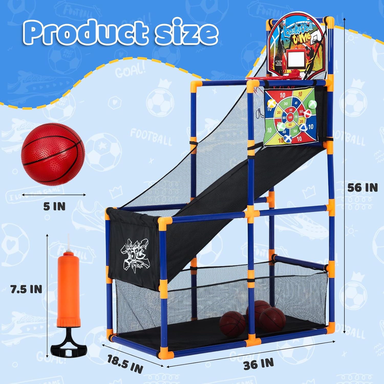 2-in-1 Kids Basketball Arcade Game Set with 4 Balls & 6 Sticky Toss Balls – Indoor & Outdoor Basketball Hoop and Dart Game, Height Adjustable Sports Toy with Ball Return Ramp for Boys & Girls Ages 3+