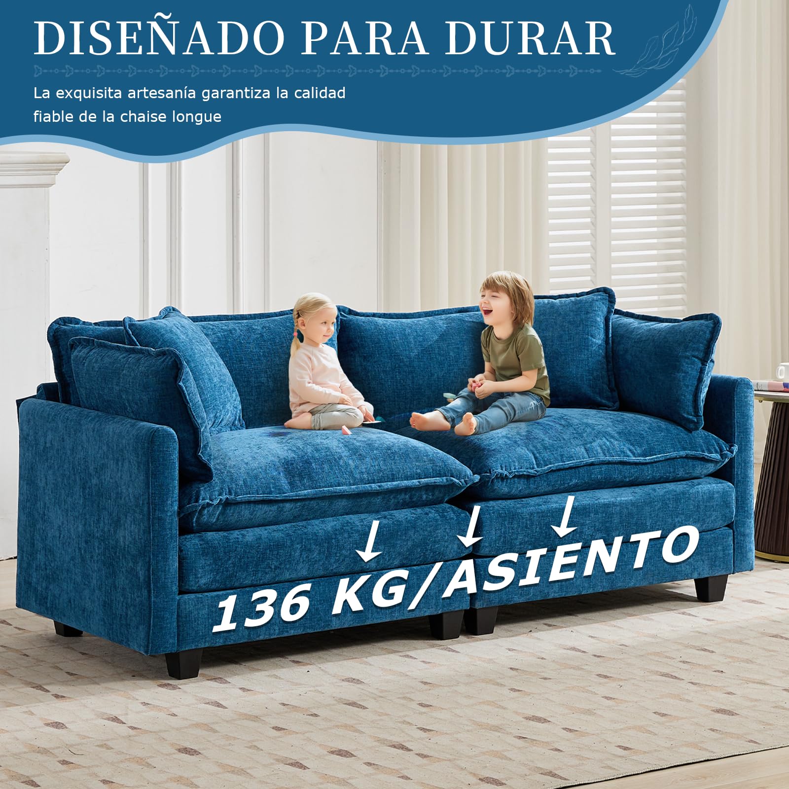 Sofá de salón Modular L 3 plazas 289cm, Chenilla Azul con Cojines Dobles | Tejido suave, resistente y transpirable, incluye cojines y reposabrazos. Ideal para salón, dormitorio y apartamento.