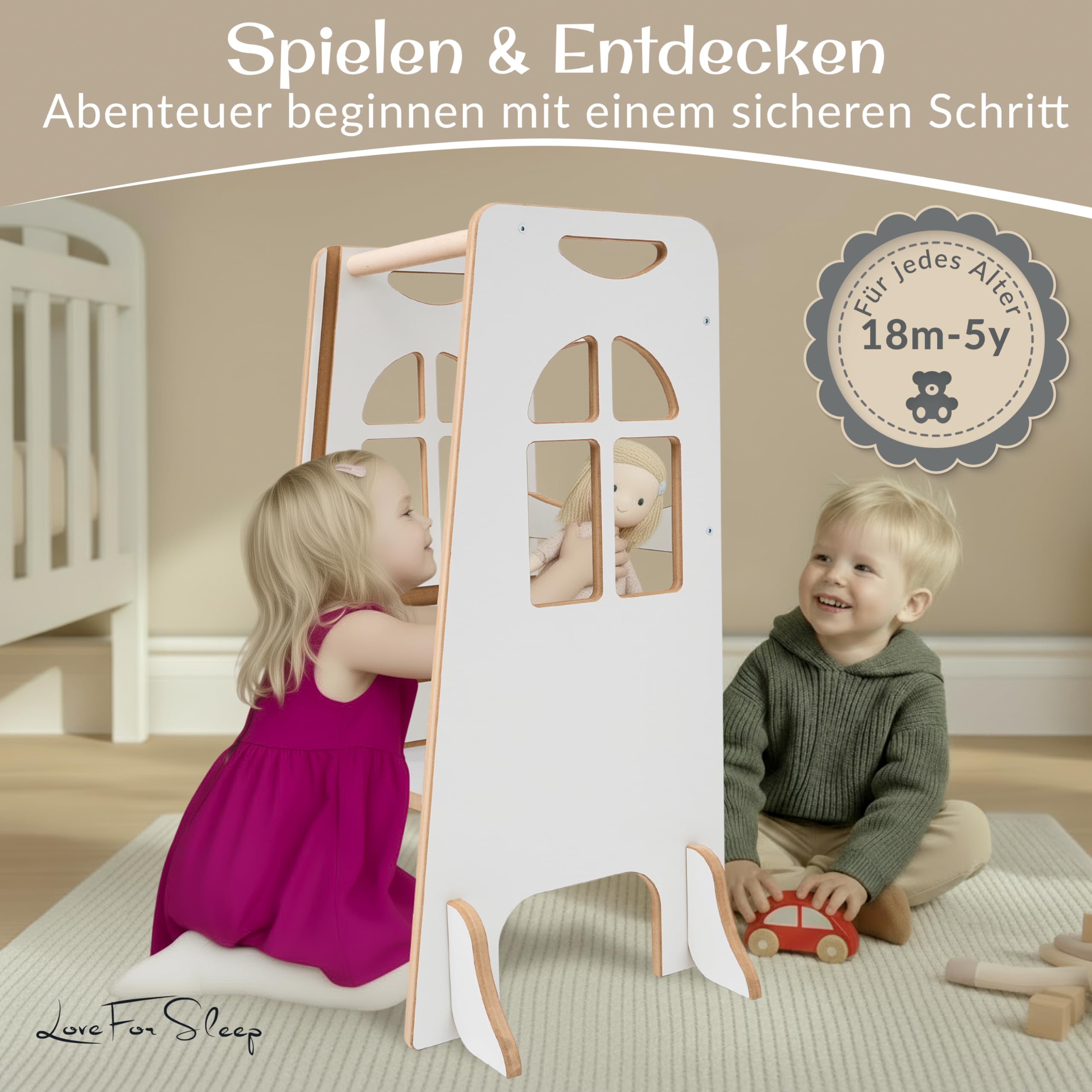 Montessori Lernturm aus Holz – Verstellbarer Küchenhelfer für Kinder 2–6 Jahre, Sicherer Tritthocker mit 3 Höhen,Mit seitlichen Kippschutz-Stützen und hinterer Sicherheitsplatte