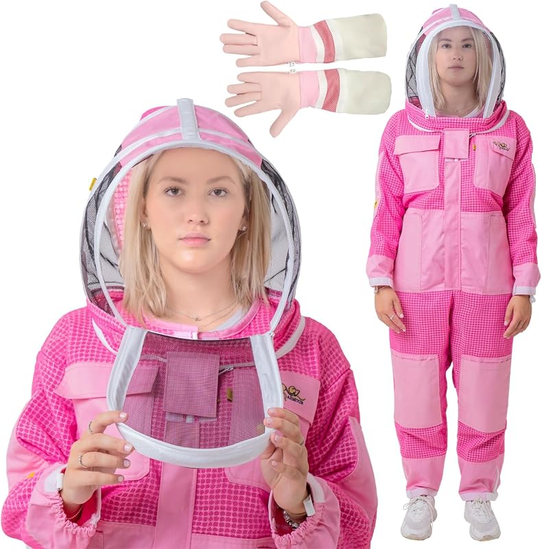 Pink 3 Layer Ventilated Bee Suit for Women | Sting Proof Beekeeping Suit with Fencing Veil, Gloves & Air Mesh Protective Gear (L)