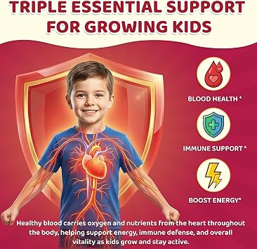 Iron Supplement Gummies for Kids, Kids Multivitamin with Iron - Vitamin B Complex, C, D3, Calcium, Folate, Zinc, FOS for Blood Builder & Energy Support, Iron Deficiency, Vegan,Mixed Fruit Flavor,60 ct