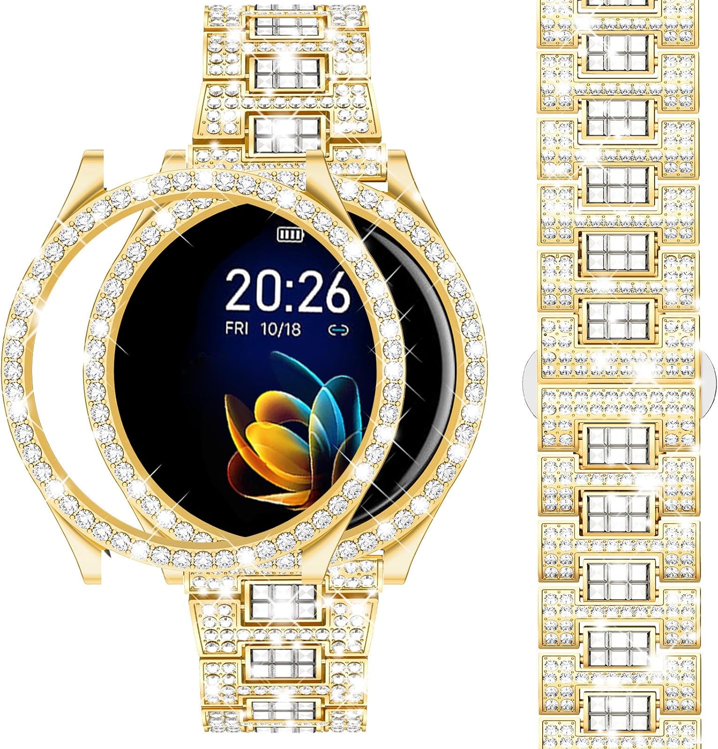 Dsytom Stylish Bands Compatible with Samsung Galaxy Watch 7/6 40mm 44mm, 20mm Bling Metal Replacement Galaxy Watch 7/6 Band 40mm 44mm with Rhinestone Protective Case for Women