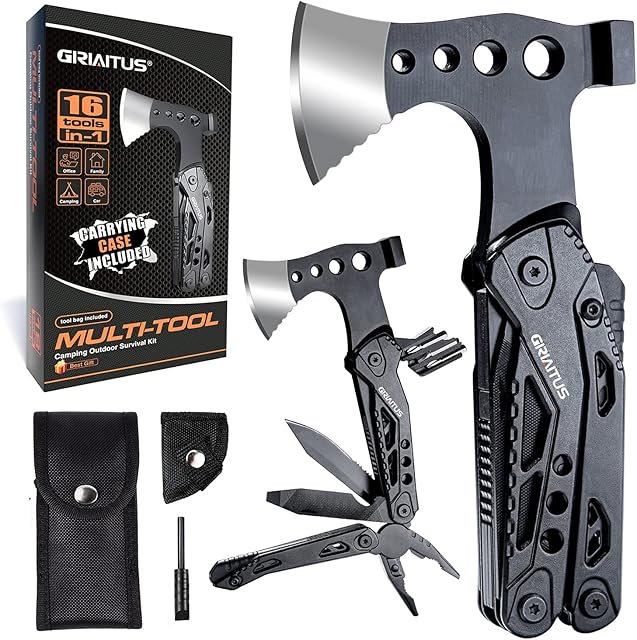 Camping Multitool Accessories Gifts for Men Dad 16 in 1 Upgraded Multi Tool Survival Gear with Hammer Pliers Saw Screwdrivers Bottle Opener Whistle & Portable Sheath for Hiking, Hunting, Fishing