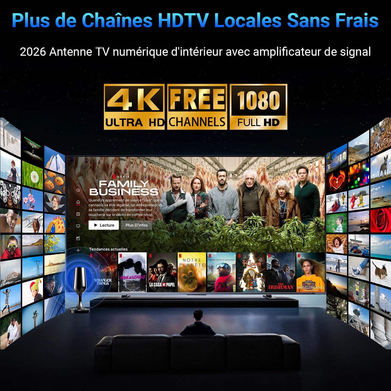 Antenne TV Intérieure Puissante TNT HD, 2026 Le Plus récent Antenne TV Intérieur avec Amplificateur de Signal à Gain Élevé, Réception Longue Portée à 360° avec Base Magnétique