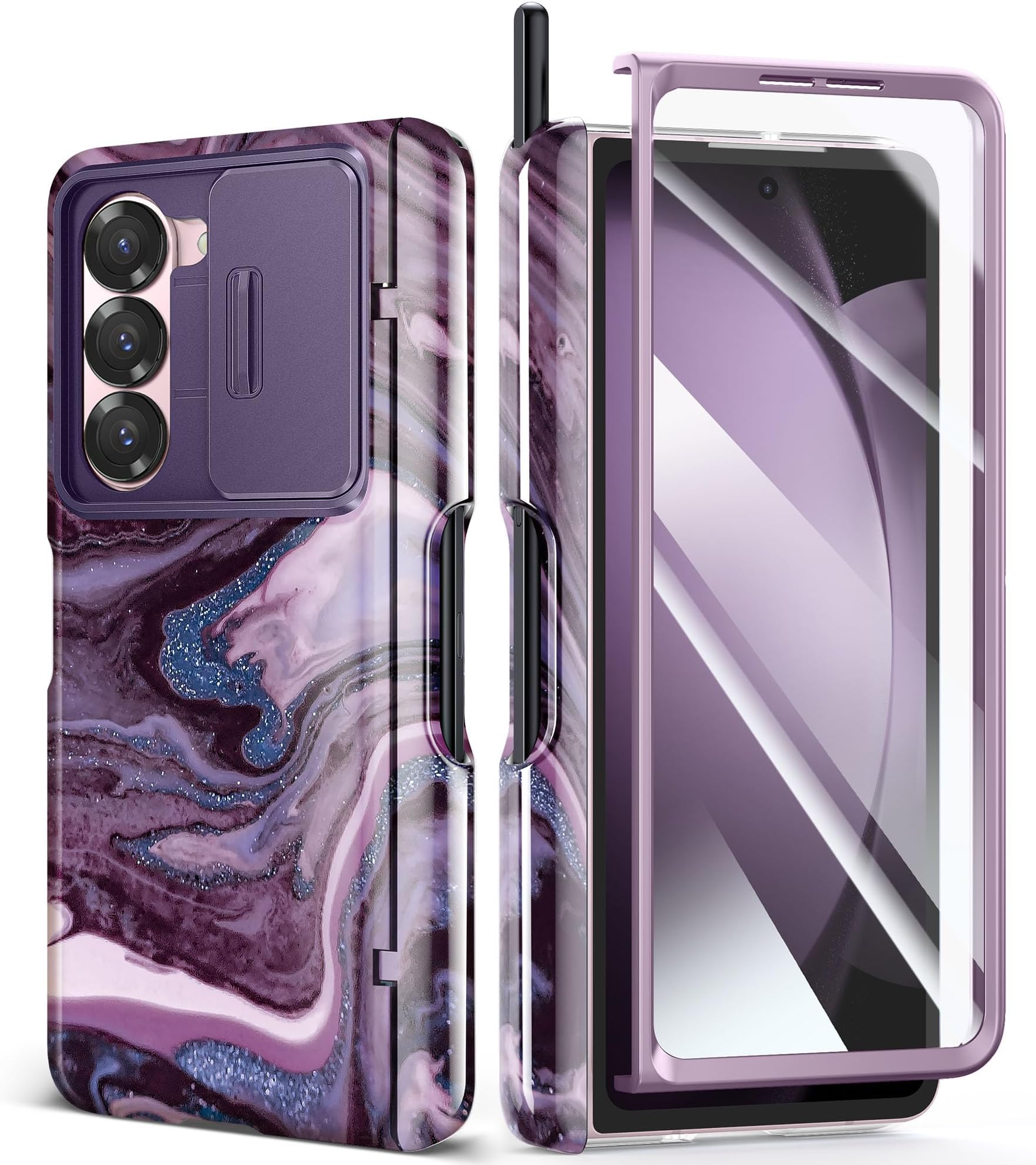 GVIEWIN Compatible with Samsung Galaxy Z Fold 6 Case with S Pen Holder,Slide Camera Cover & Front Screen Protector,Hinge Protection,Fullbody Protective Marble Anti-Scratch Cover 2024,Quicksand/Purple