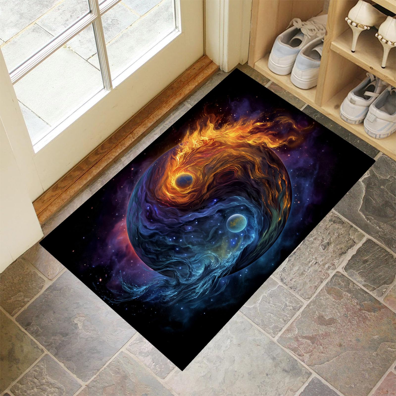 Paillasson cuisine et entrée Yin Yang bleu orange ultra doux 80x120