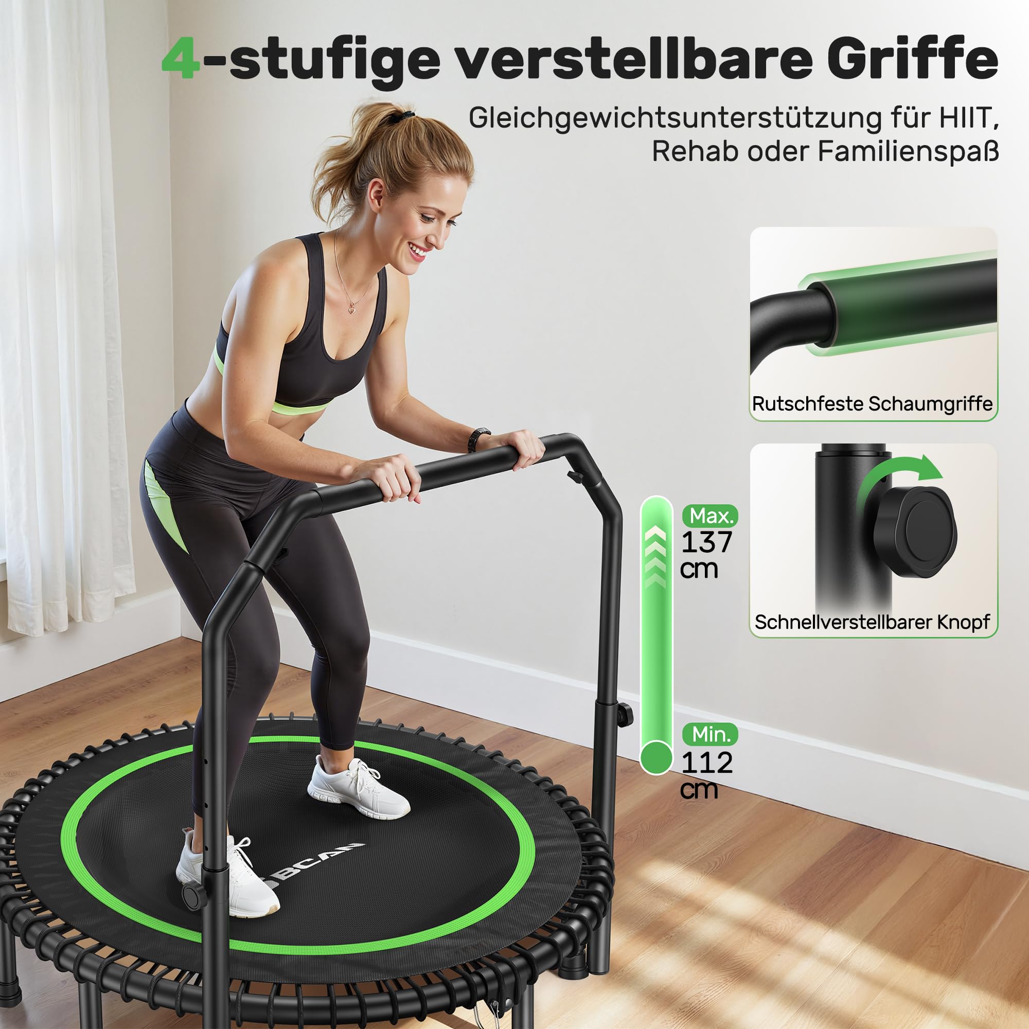 BCAN Rebounder-Trampolin für Erwachsene,102/122cm,204/250kg Belastbarkeit,mit Bungee-Seilen,verstellbarem Griff,stabil,leise,für drinnen und draußen,Ganzkörpertraining,Entspannung zu Hause