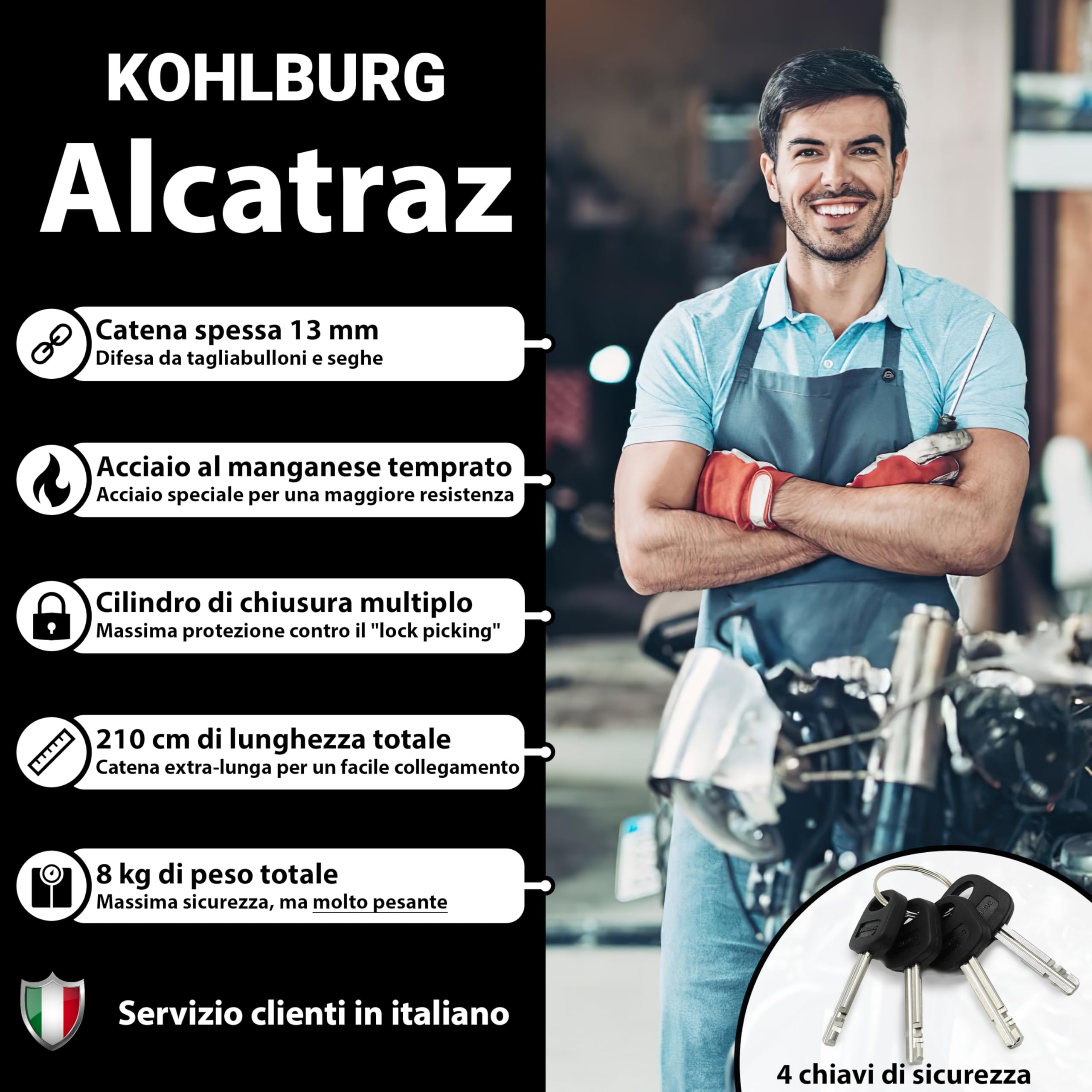 KOHLBURG Antifurto a catena per moto | 8 kg e 210 cm | Sold Secure DIAMOND | Livello di sicurezza più alto 15+ su 15 | Catena super robusta in acciaio da 13 mm | antifurto moto, scooter e e-bike