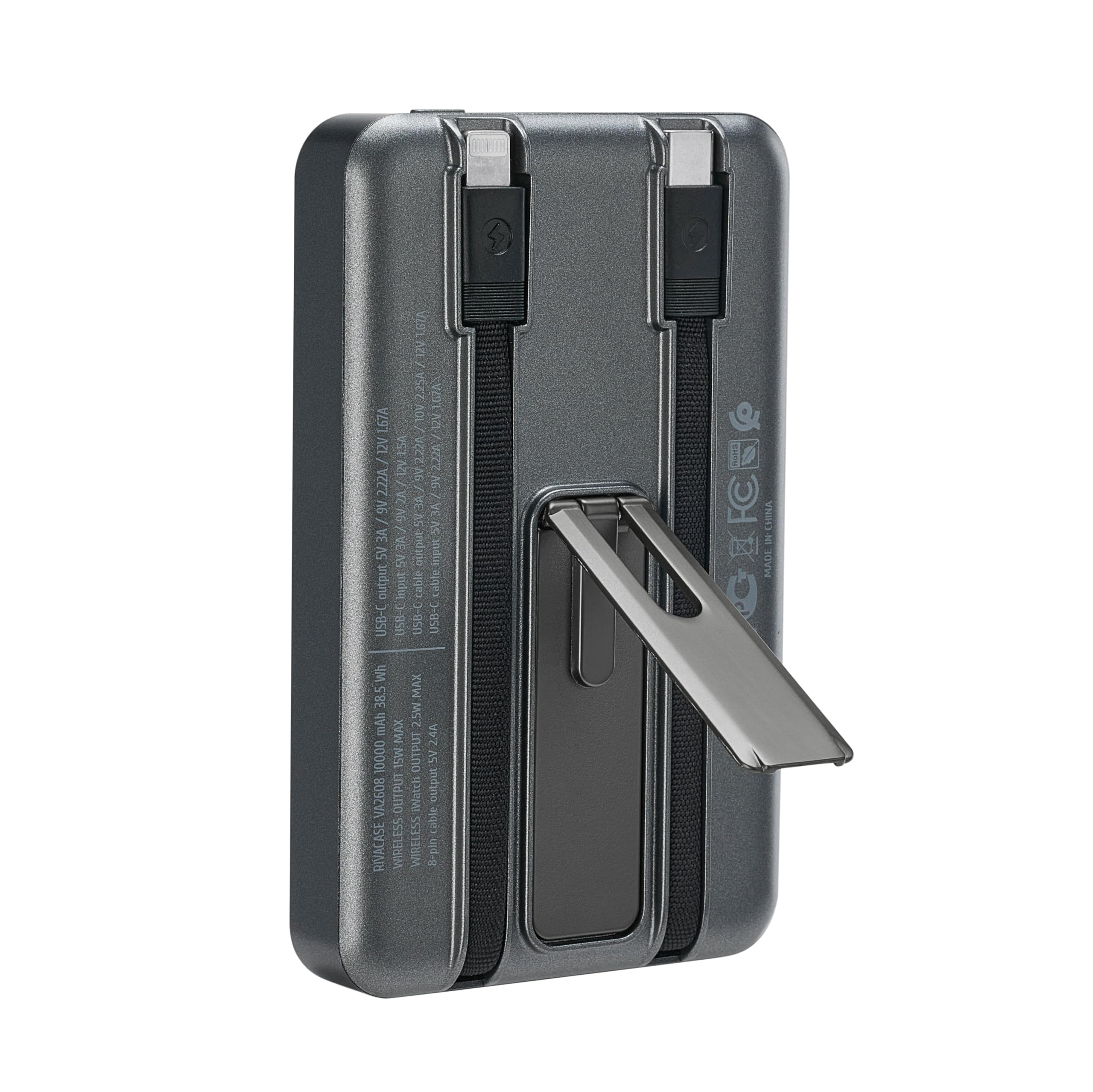 RIVACASE VA2608 - Batería externa Magsafe Qi de 15 W, batería externa con QC/PD 22,5 W, 10000 mAh, función de carga rápida, 2 cables integrados, compatible con iPhone, Apple Watch, Samsung, Xiaomi,