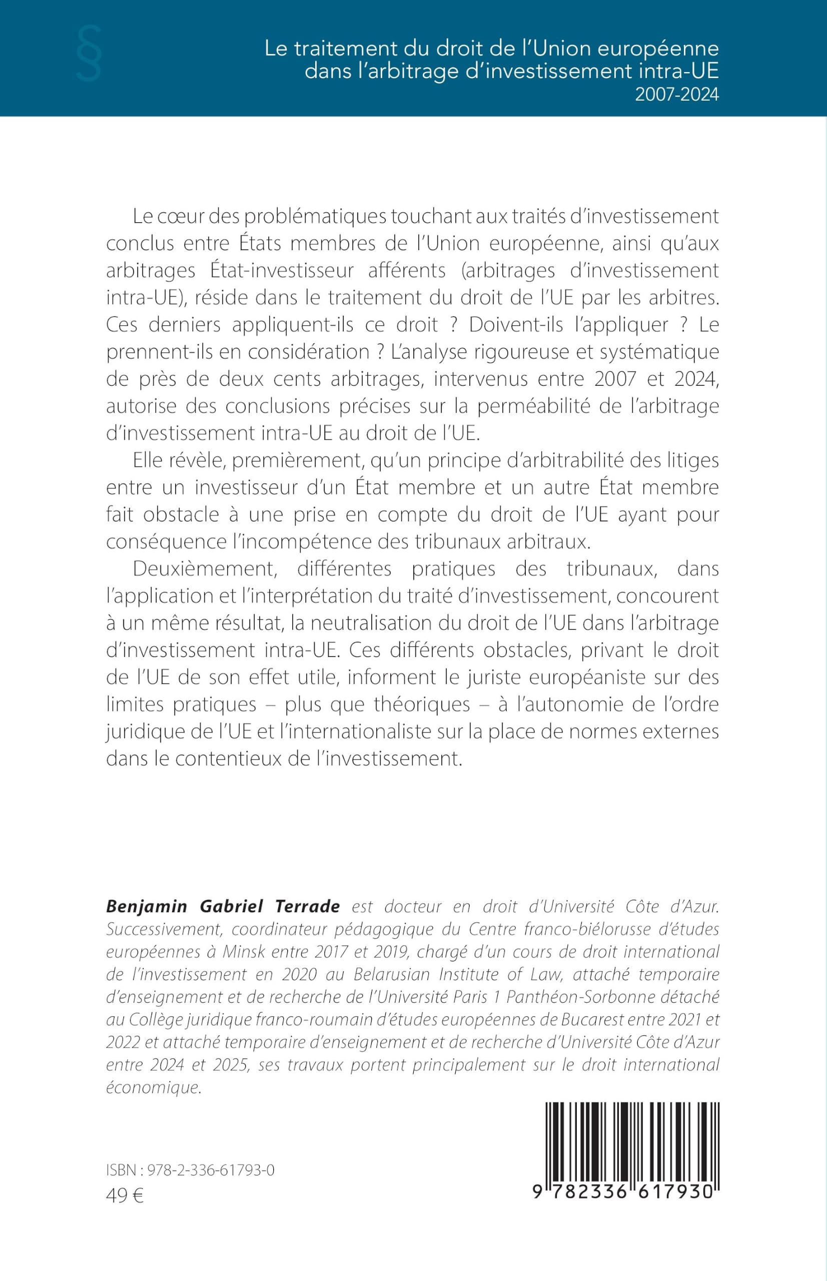Le traitement du droit de l’Union européenne dans l’arbitrage d’investissement intra-UE: 2007-2024 (Logiques Juridiques)