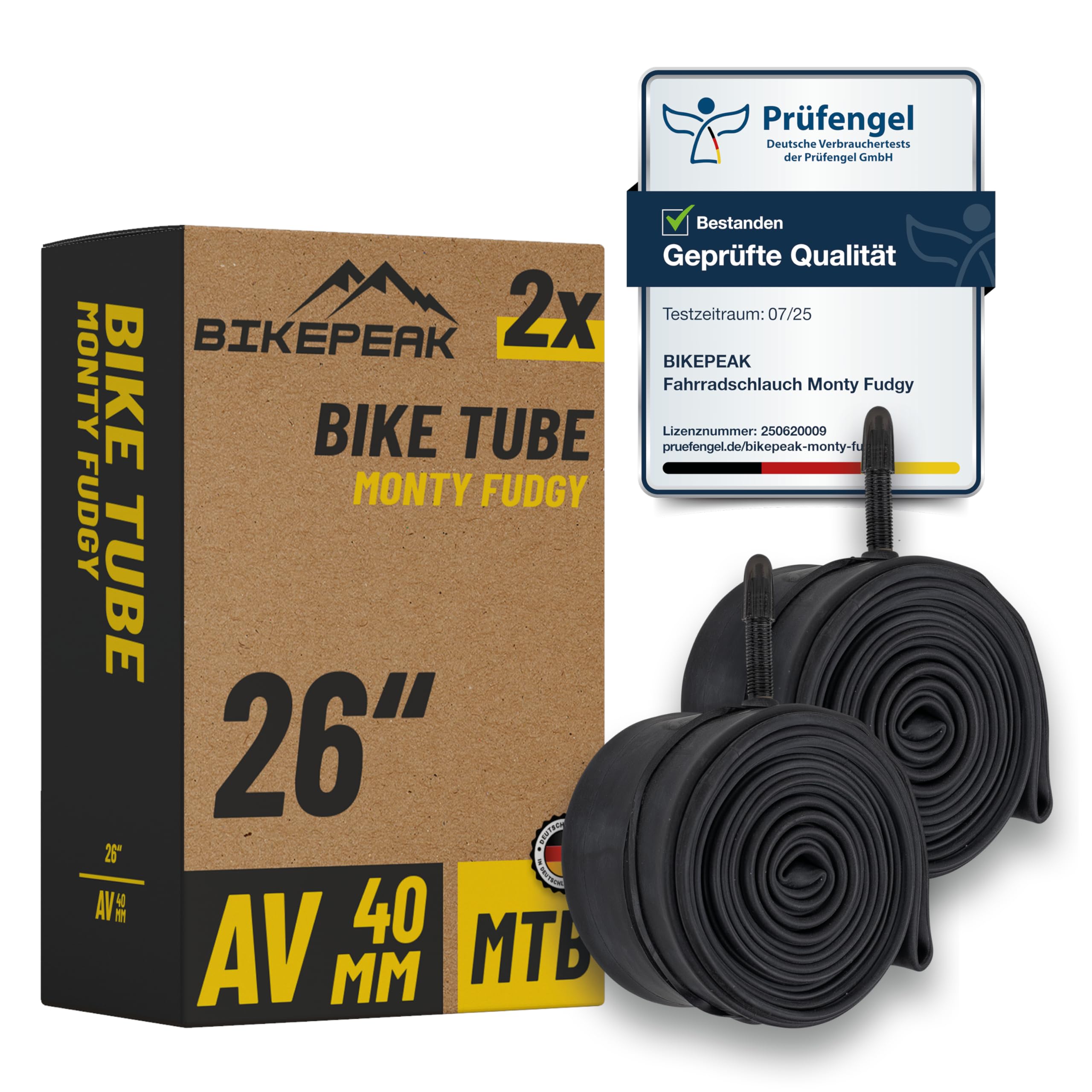 BikePeak Inner Tube MTB 26 Inch with black Schrader Valve 40 mm – Bicycle AV Tube ETRTO 40/62-559, 650B – Set of 2 Tubes Monty Fudgy