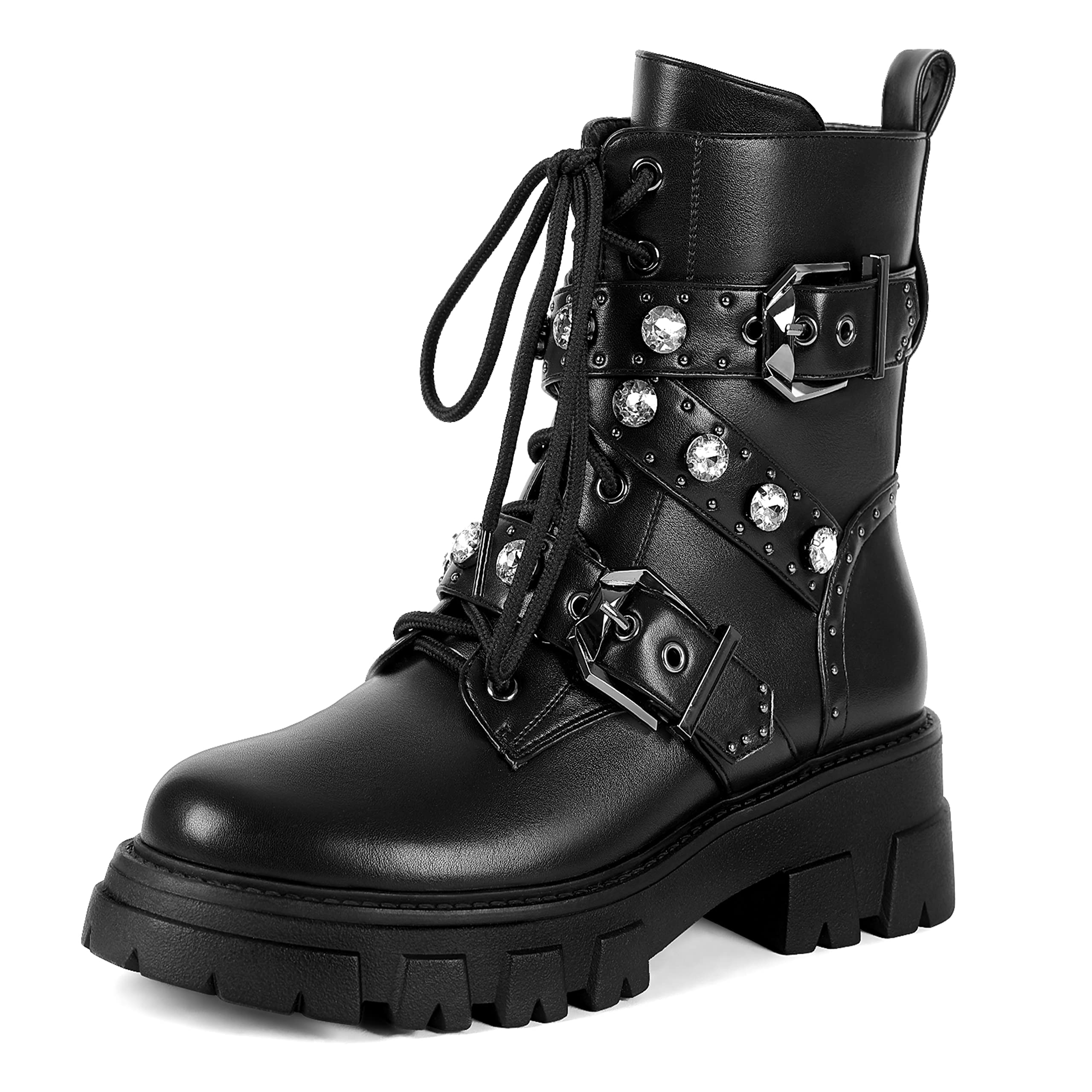 SHEOMSIE Motorcycle Boots for Women Combat Boots Rhinestone