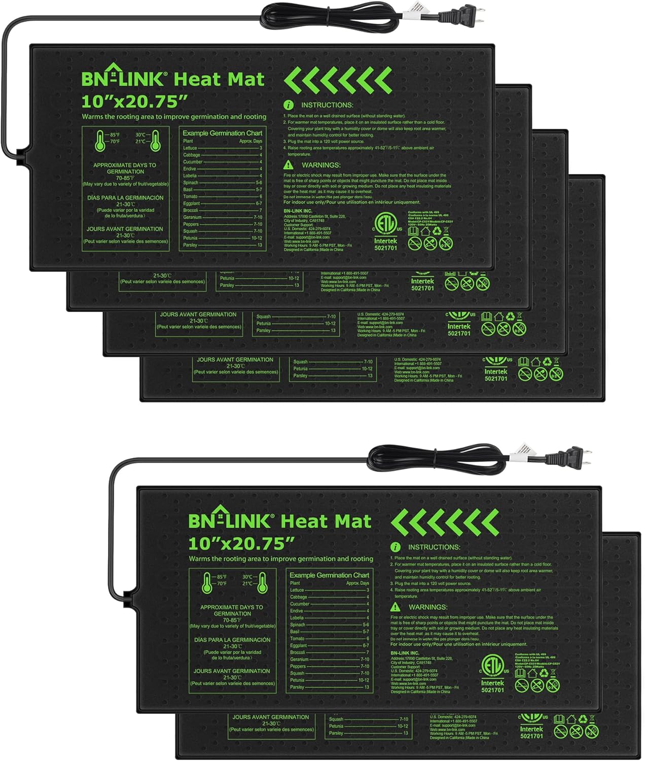 BN-LINK Durable Seedling Heat Mat for Seed Starting 10" x 20.75", 6 Pack Waterproof Warming Mat for Plants Germination, Plant Heating Pad for Indoor Growing, Hydroponic, Greenhouse, ETL Listed