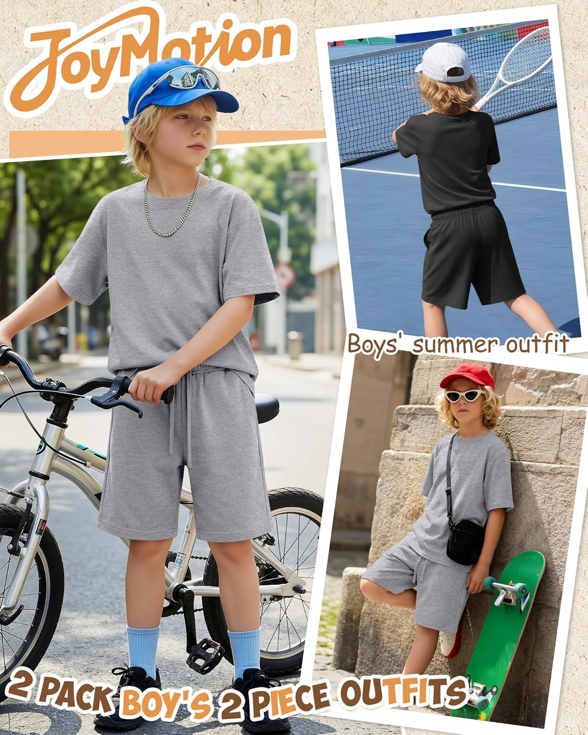 2 Pack Boy's 2 Piece Outfits Crew Neck Shirts and Shorts Sets Summer Casual Clothes 5-14 Years