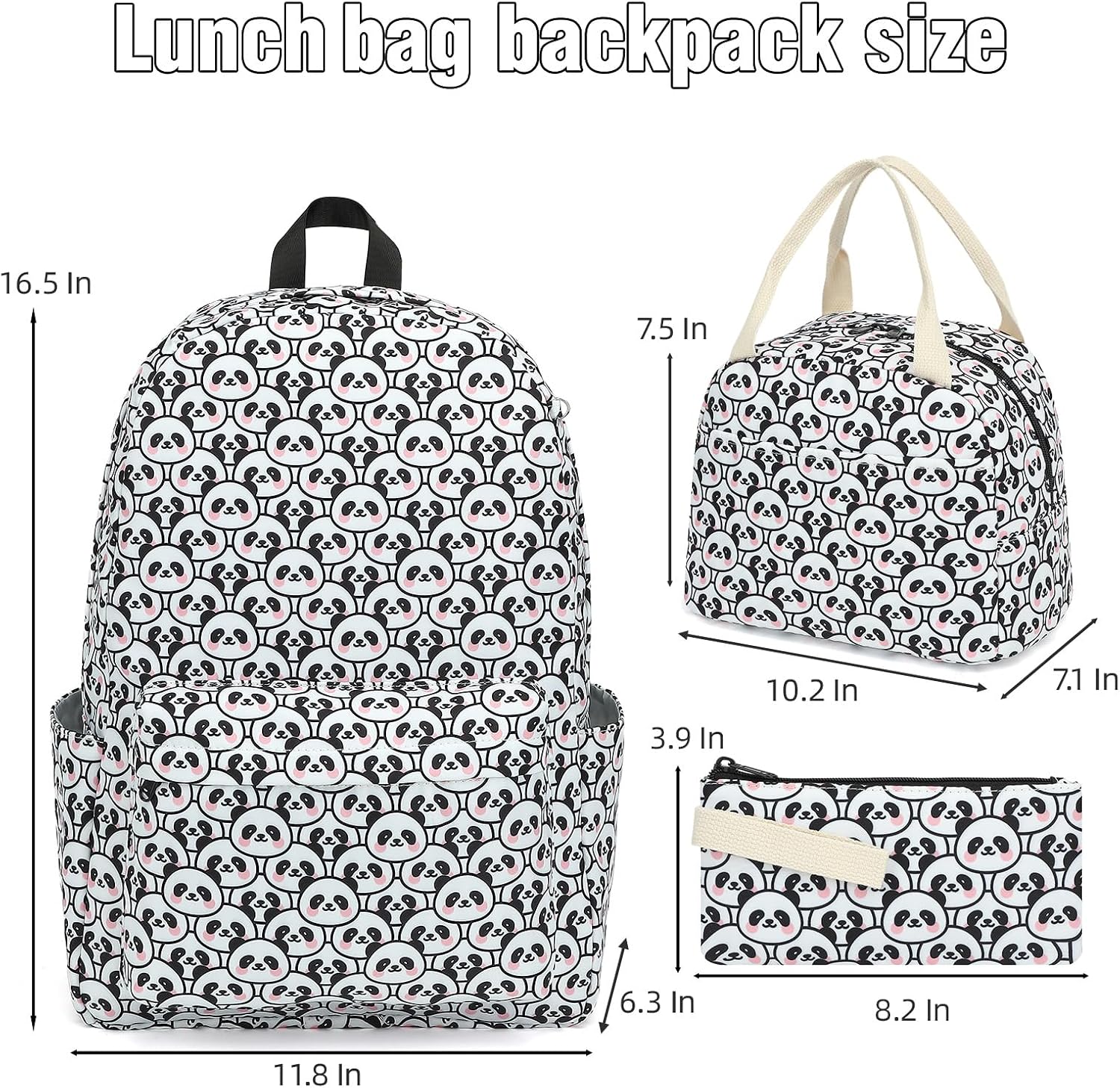 3in1 School Backpacks for Girls, kids Bookbag Set with Lunch Box and Pencil Case Laptop Backpack for Women, Elementary Middle School Bags (Panda)