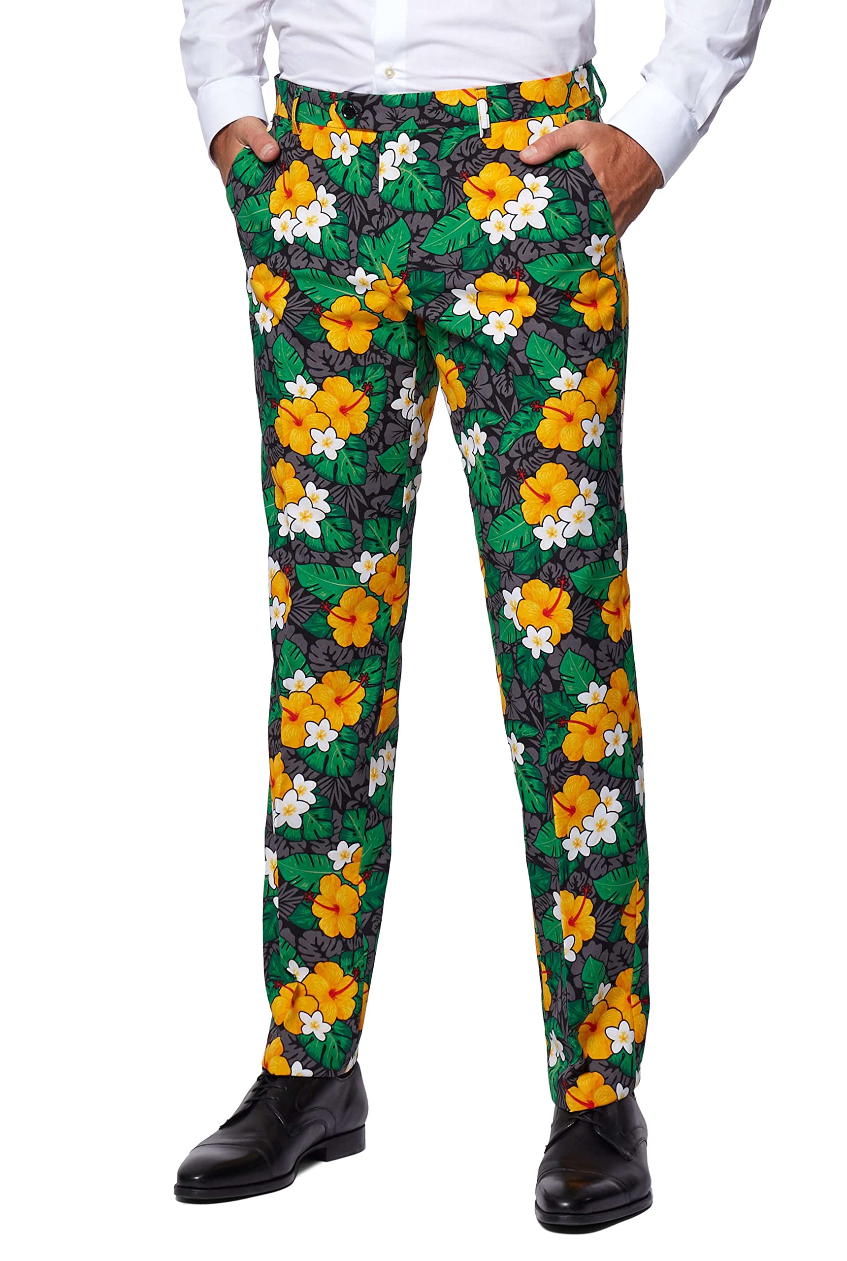 OppoSuits Herrenanzug - Sommer-Outfit mit tropischen Blumen - schmale Passform - Grün und gelb - Inklusive Blazer, Hose und Krawatte